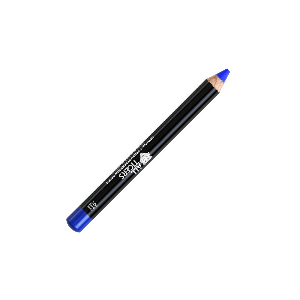 Blauer ALL TIGERS-Lidschattenstift. Schwarzer Stift mit blauem Ende. Text: NATURAL EYESHADOW PENCIL.