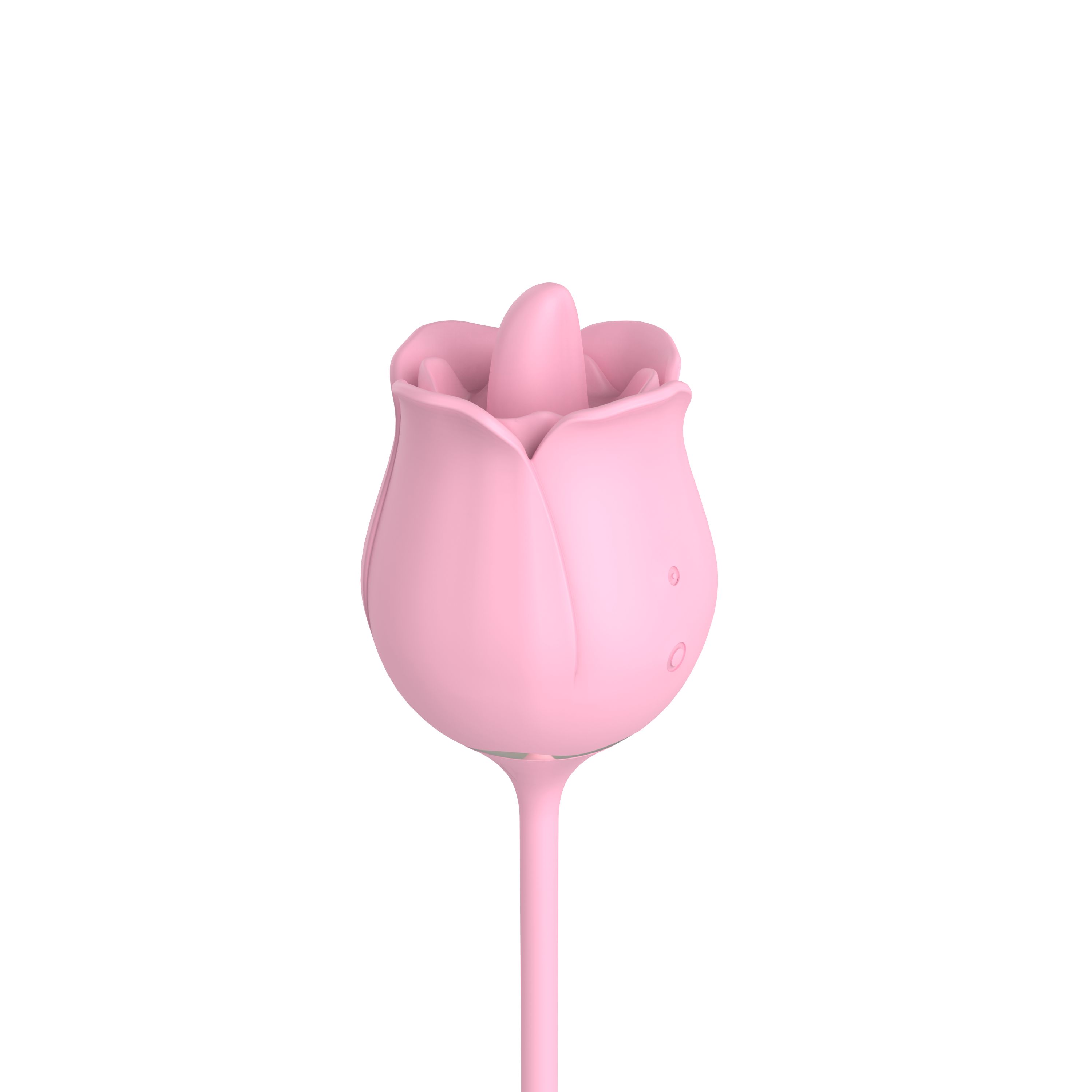 Nahaufnahme eines rosa Vibrators in Rosenform. Der Kopf ist detailreich gestaltet.
