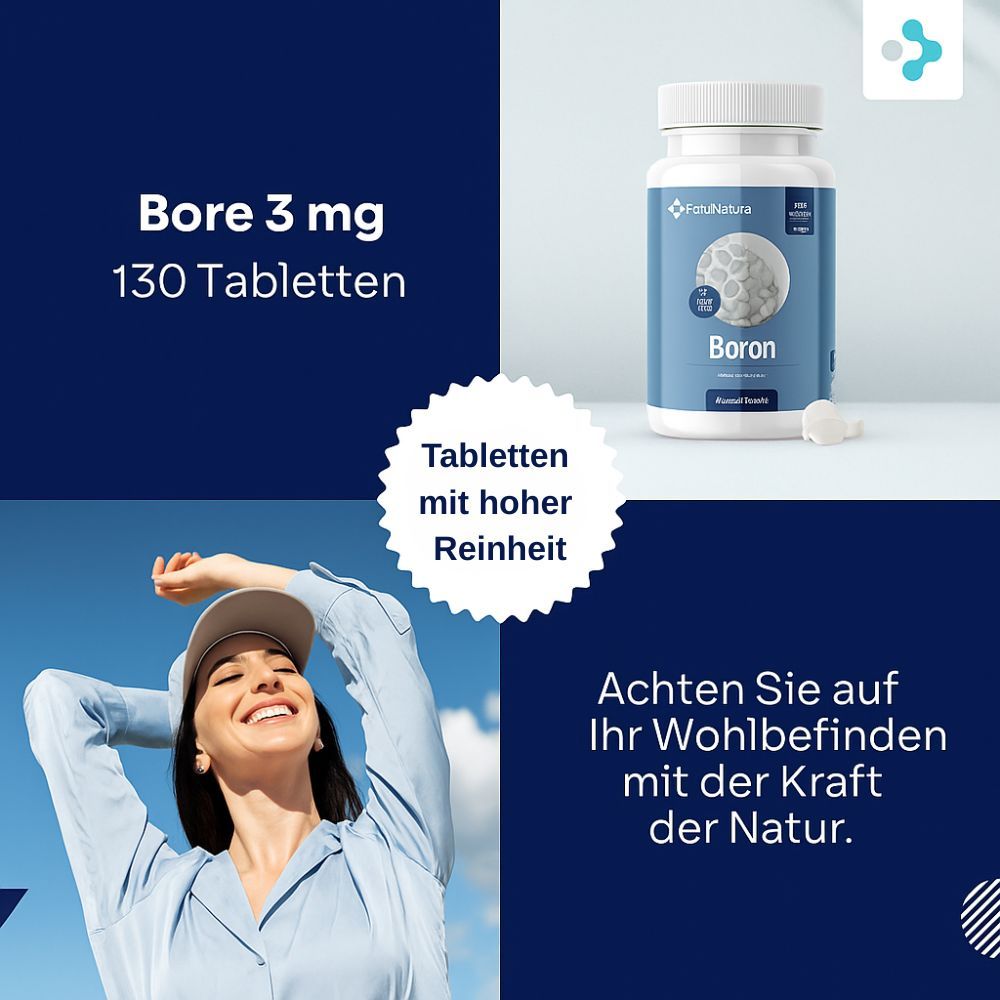 Weiße Flasche mit blauem Etikett. Aufschrift: FutuNatura Boron 3 mg, 130 Tabletten. Daneben eine Frau und Text.