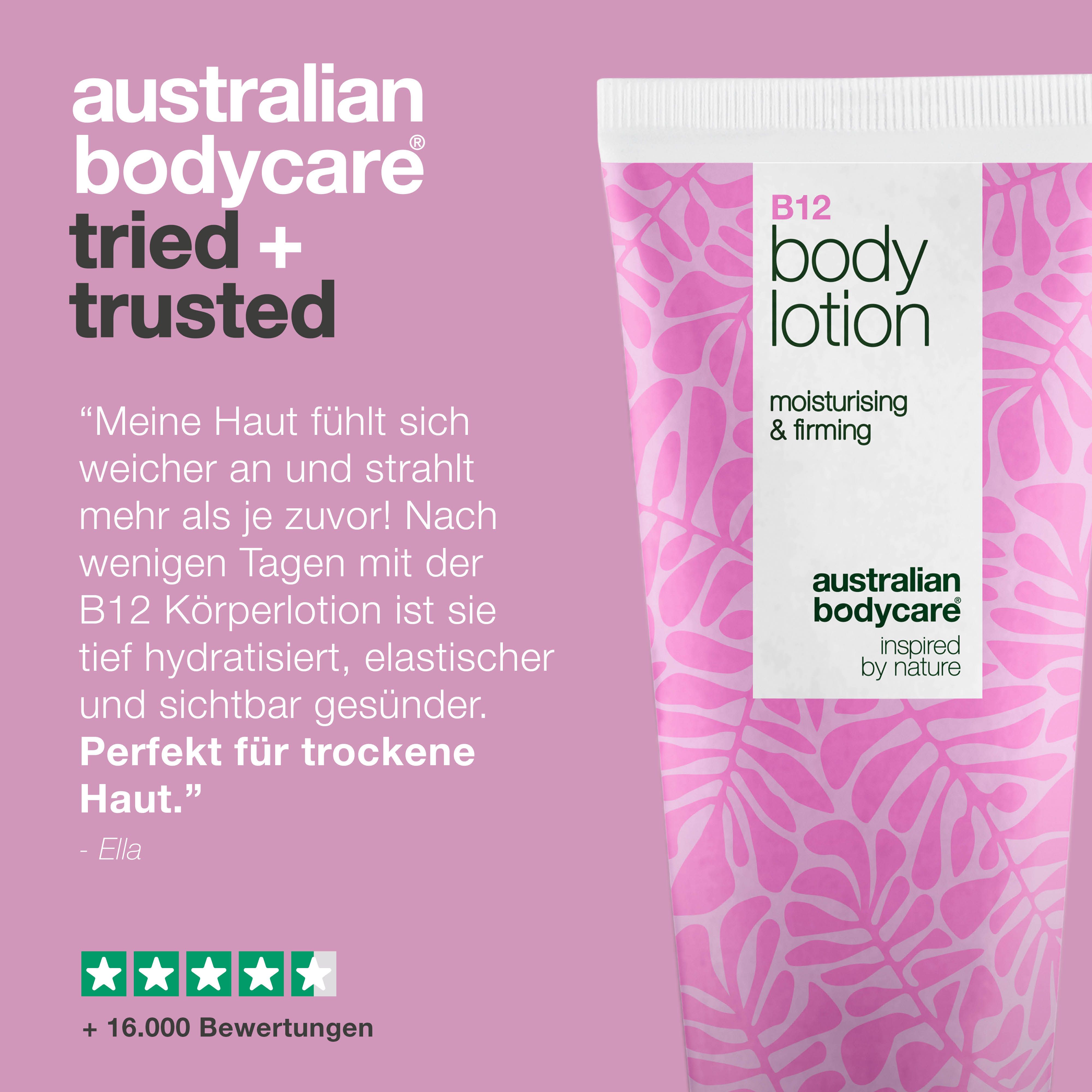 B12 Body Lotion, rosa Tube. Text: Australian Bodycare. Text: Getestet, 16.000 Bewertungen. Zitat: Ella, trockene Haut.