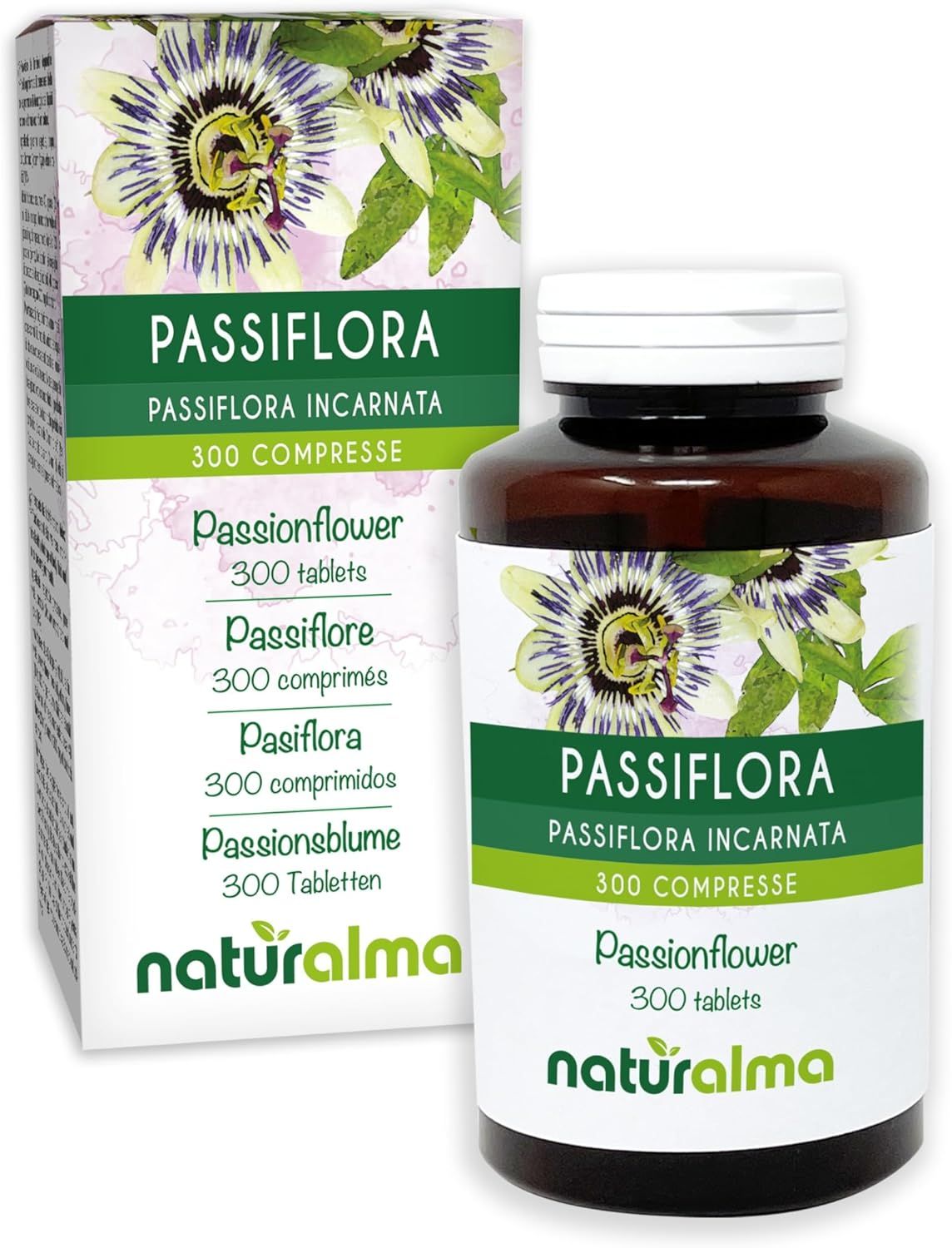 Eine Flasche und eine Schachtel mit Passionsblume-Tabletten. Auf der Verpackung steht Naturalma.