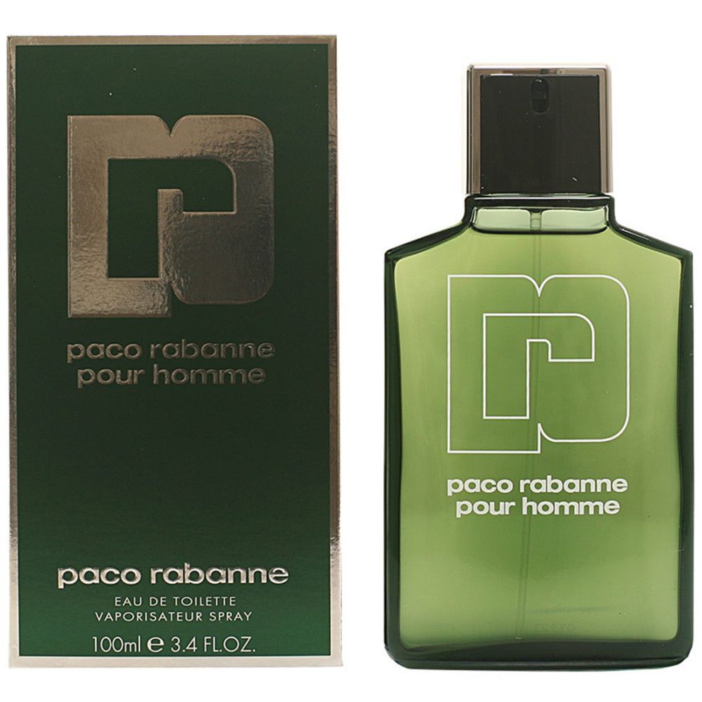 Grüne Flasche und Schachtel mit weißem Logo und Text. Auf der Flasche steht "paco rabanne pour homme".