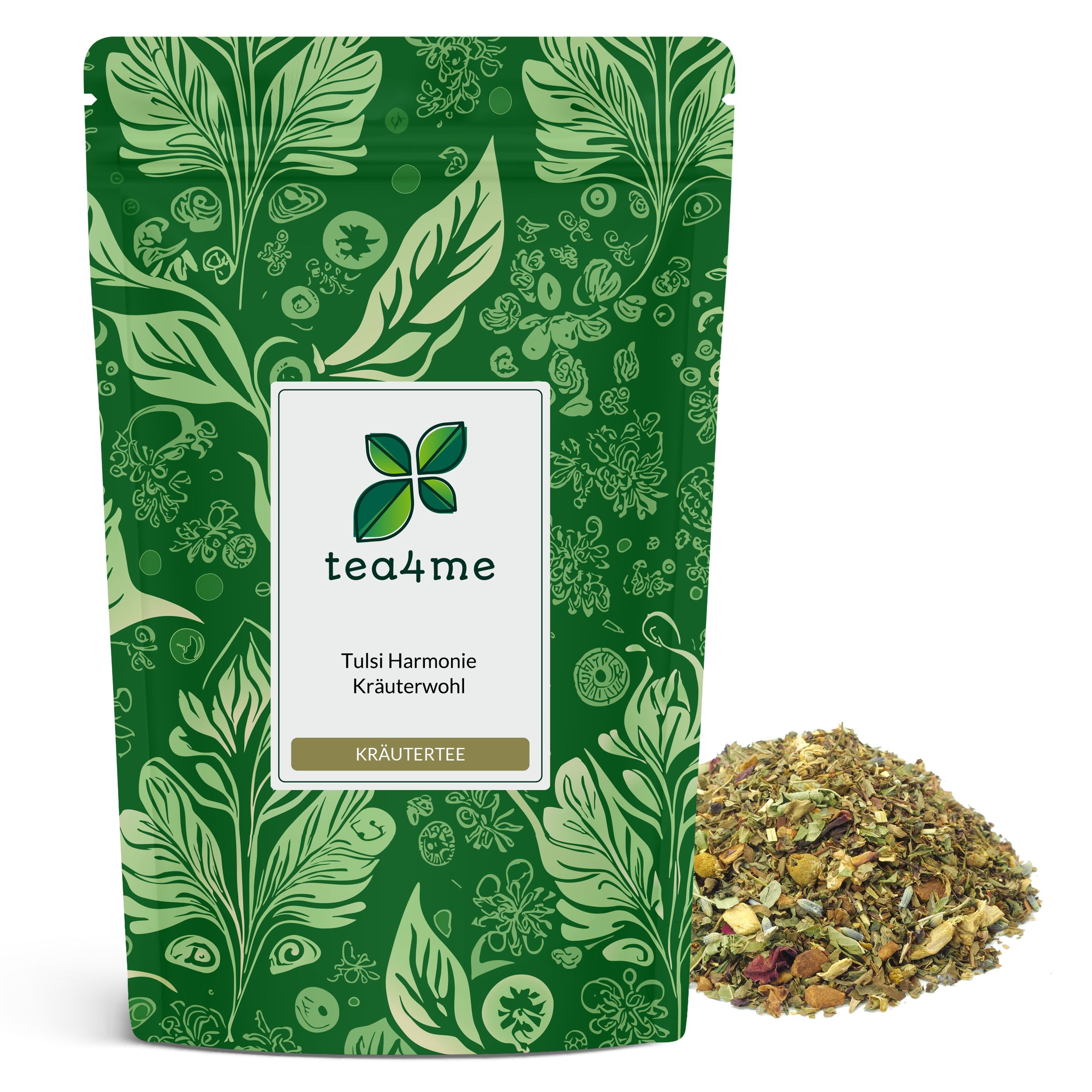 Grüner Beutel mit Kräutertee. Aufschrift: tea4me Tulsi Harmonie Kräutertee. Daneben loser Tee.