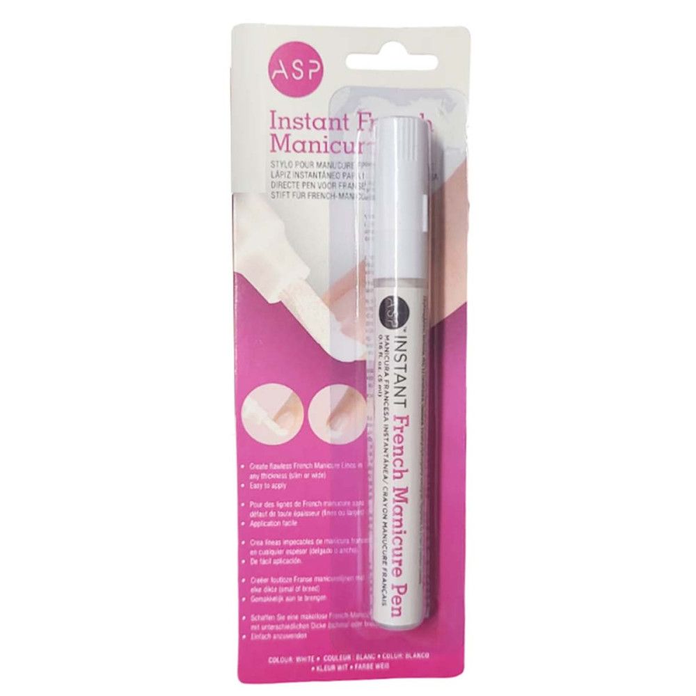 Weißer Stift in Blisterverpackung. Aufschrift: ASP Instant French Manicure Pen. Produktabbildung und Anwendungsbeispiele.