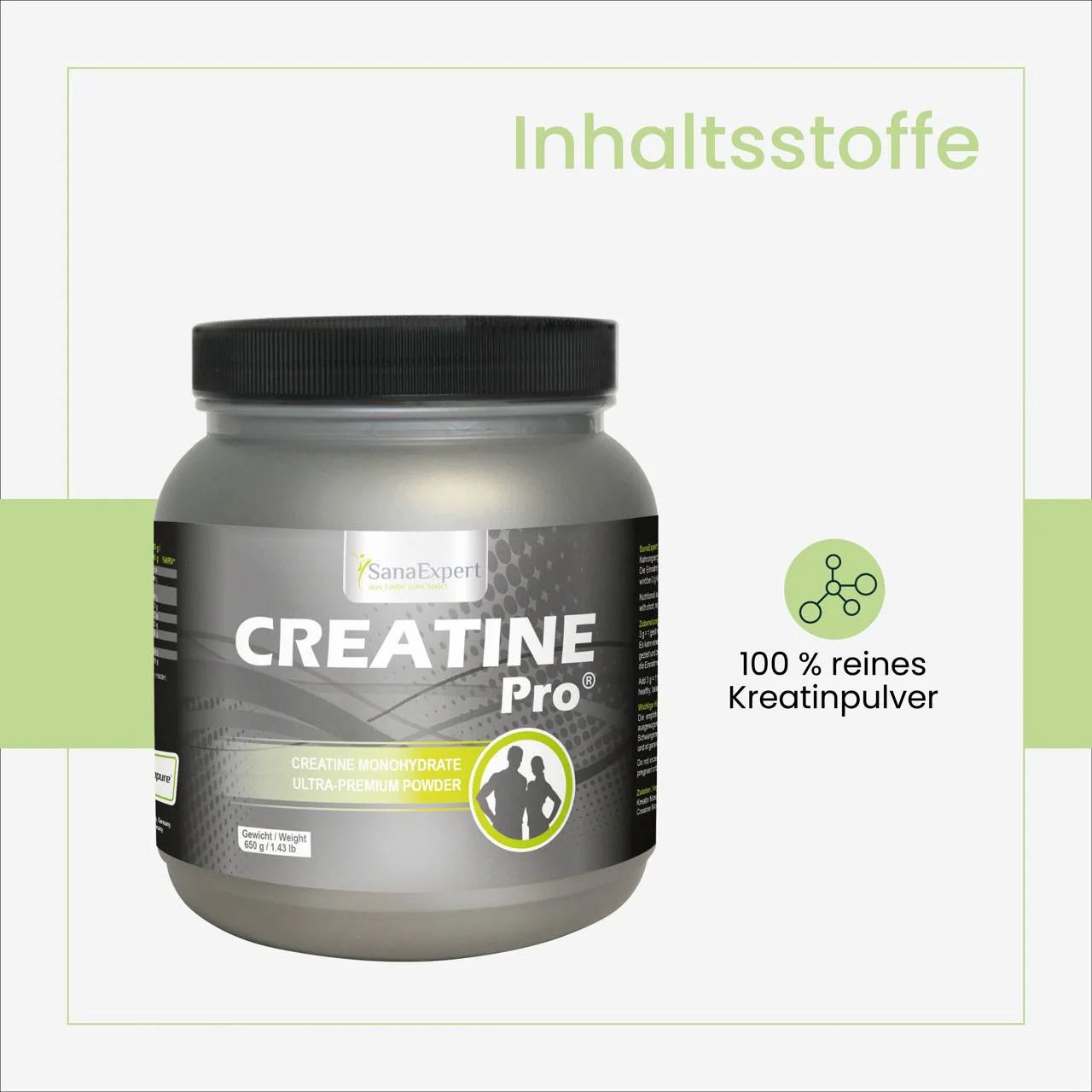 Graue Dose mit schwarzem Deckel. Aufschrift: Creatine Pro. 100% reines Kreatinpulver. SanaExpert Logo.