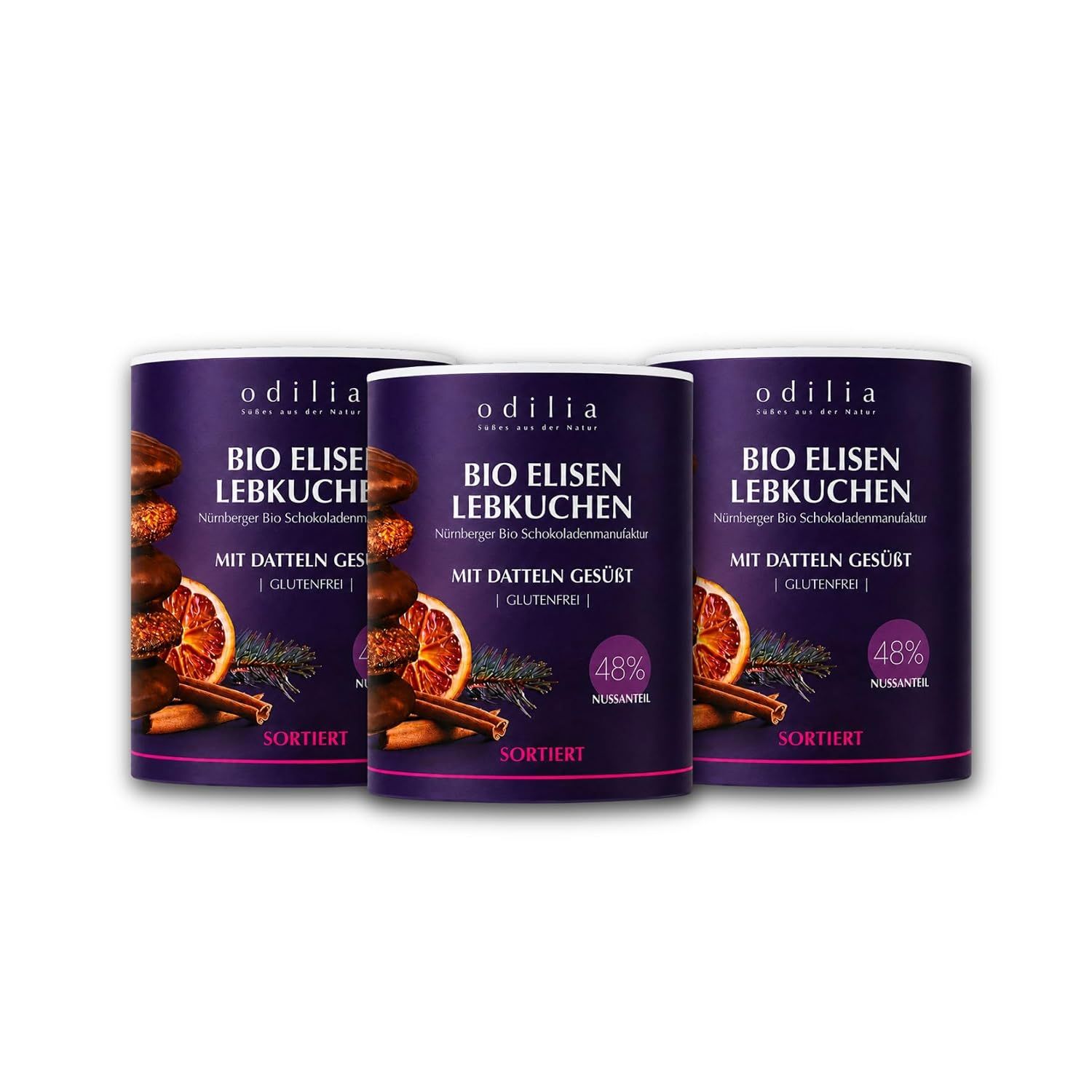 Drei Dosen Odilia Bio Elisen Lebkuchen, glutenfrei, mit Datteln gesüßt.