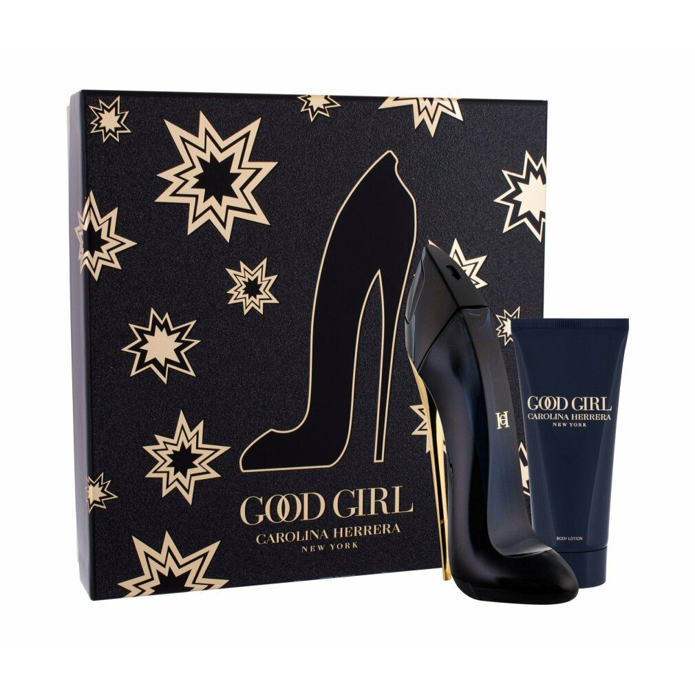 Geschenkset mit Schuh-Parfümflakon, schwarzer Verpackung mit Sternen und Körperlotion. Aufschrift: Good Girl, Carolina Herrera.