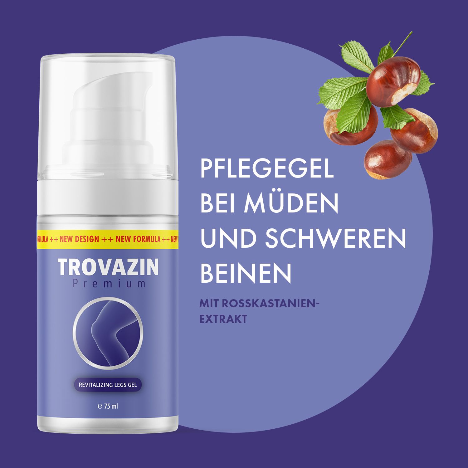 Blau-weiße Flasche mit Produktname und Kastanien. Text: Pflegegel bei müden und schweren Beinen. Mit Rosskastanienextrakt.