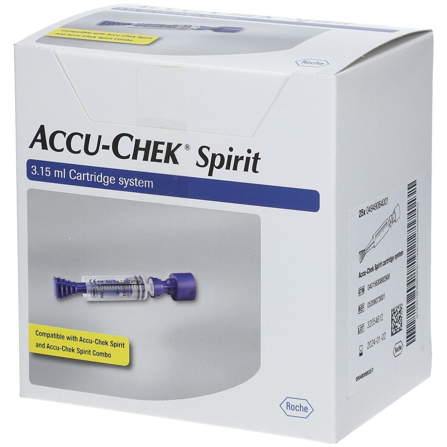 Verpackung ACCU-CHEK Spirit. 3,15 ml Kartuschensystem. Produkt und Kartusche abgebildet. Kompatibel mit Spirit und Combo.