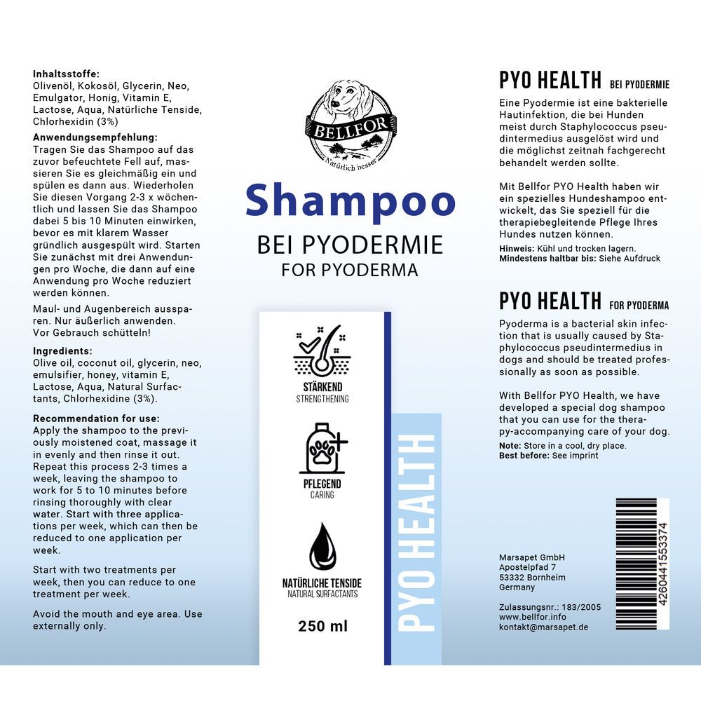 Bellfor Hundeshampoo Pyo-Health - für Hunde mit bakteriellen Hautinfektionen 250 ml Shampoo