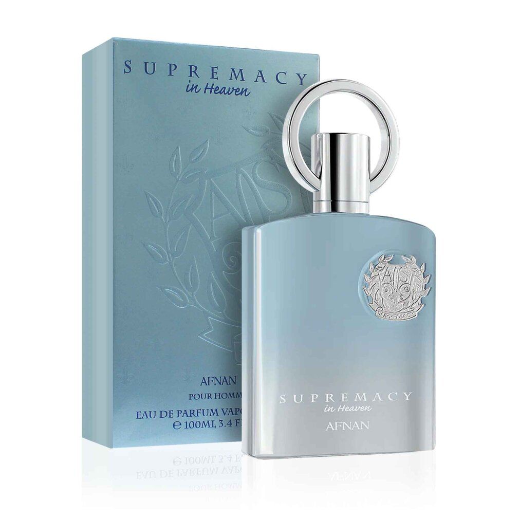 Hellblaues Eau de Parfum mit silbernem Verschluss und Verpackung. Aufschrift: Supremacy in Heaven, Afnan. Flakon und Schachtel.