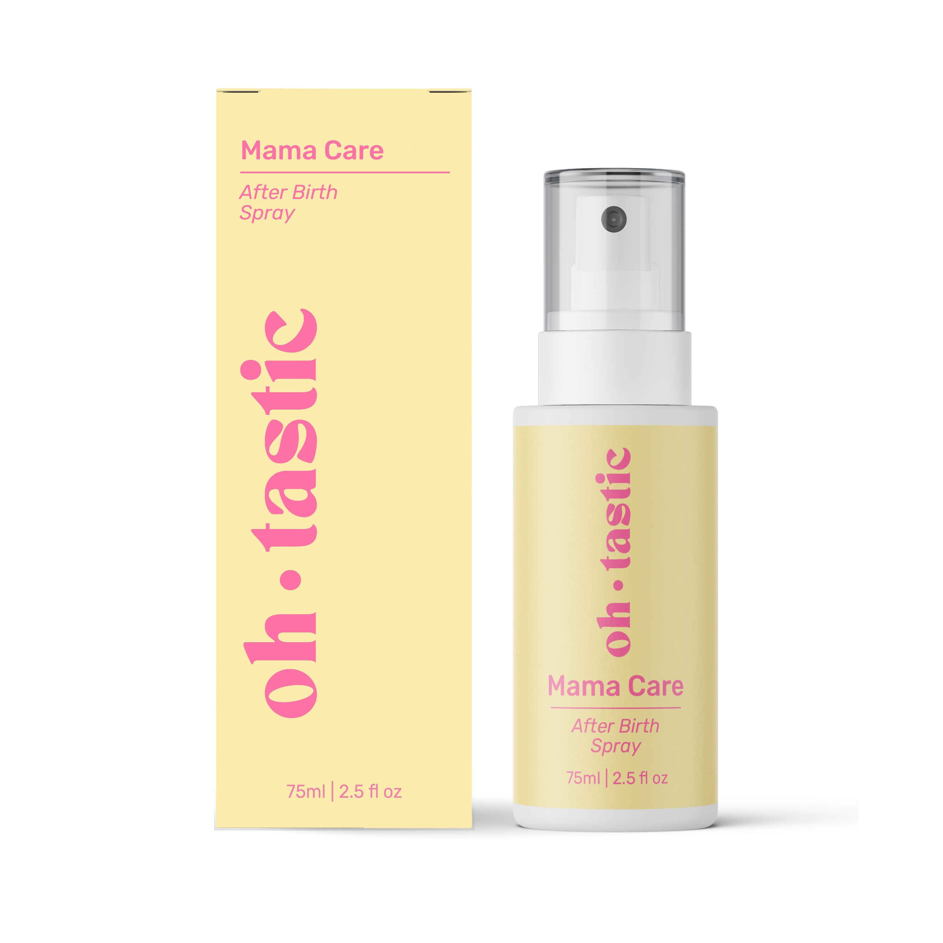 Gelbe Verpackung und Flasche mit rosa Schriftzug. Aufschrift: oh.tastic, Mama Care After Birth Spray.