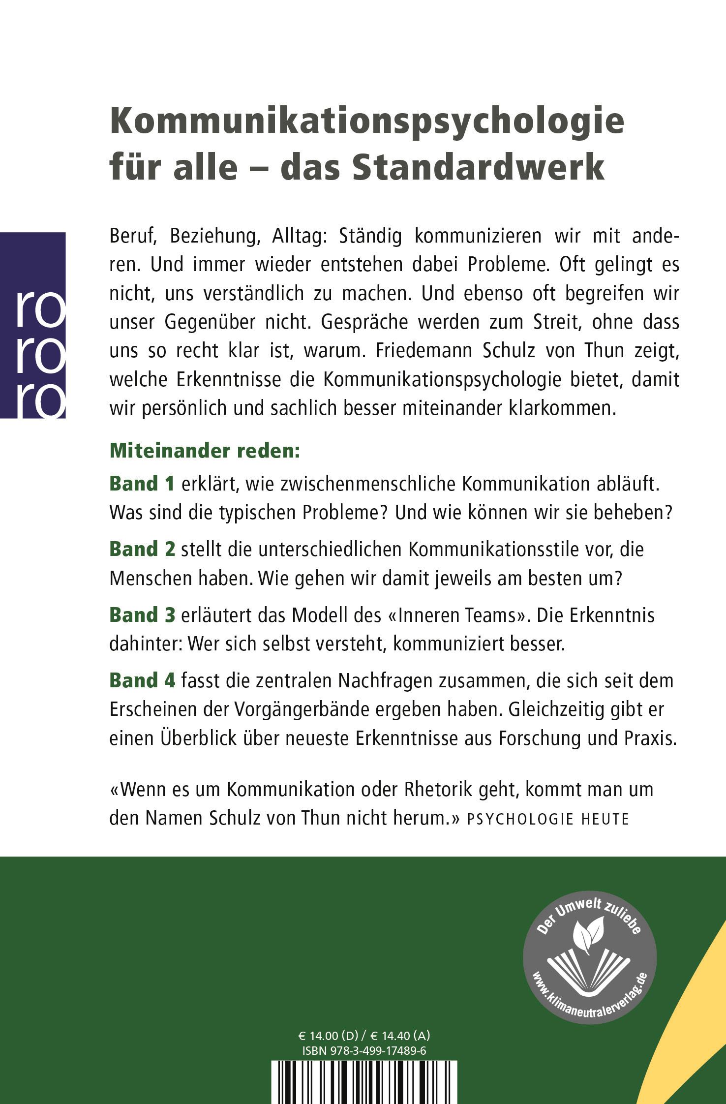 Rückseite des Buches "Miteinander reden: 1". Text über Kommunikation, Inhaltsangabe der Bände. Umweltzeichen.