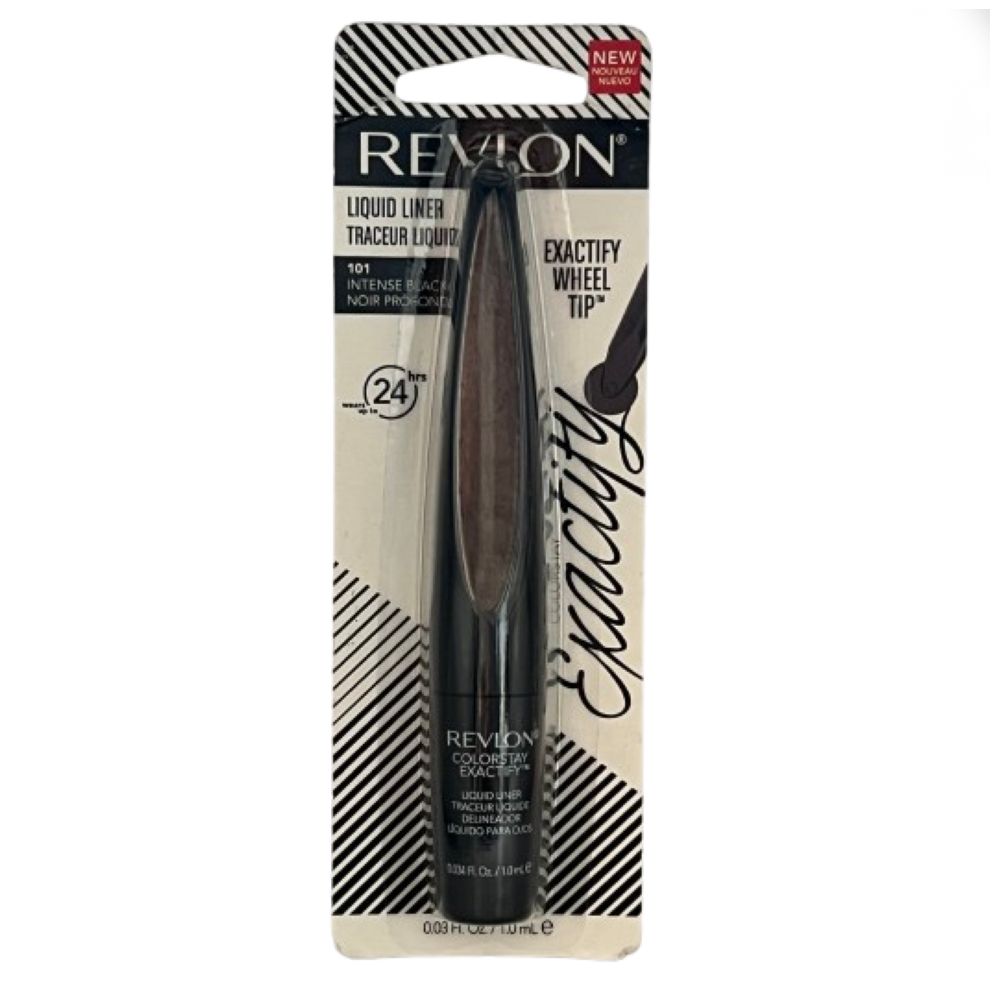 Revlon Colorstay Exactify Eyeliner in Verpackung. Schwarzer Eyeliner mit Radspitze. Text: Intense Black.