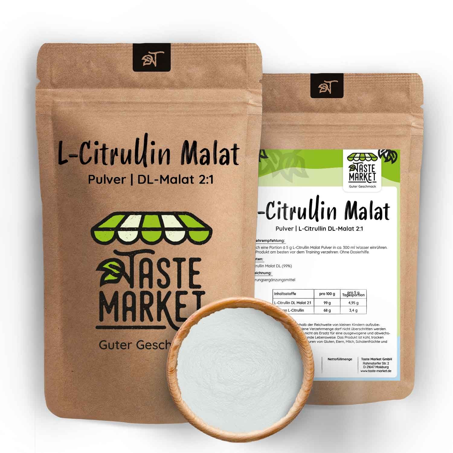 Zwei Beutel L-Citrullin Malat Pulver. Eine Holzschale mit weißem Pulver. Text: L-Citrullin Malat, Pulver, Guter Geschmack, Nährwertangaben.