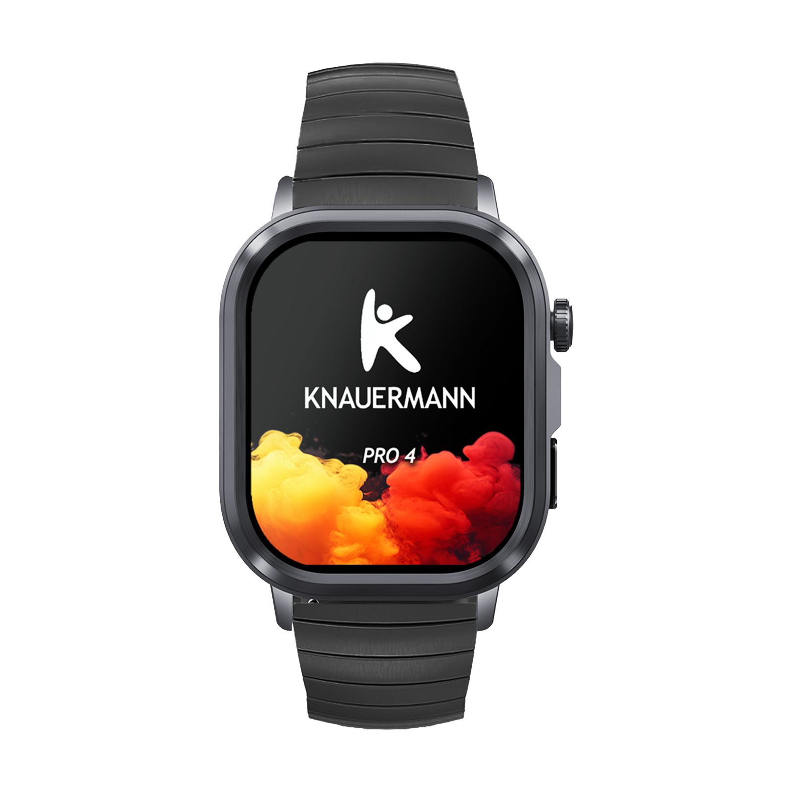 Schwarze Smartwatch mit quadratischem Display. Auf dem Display: Knauermann PRO 4, Logo und farbiger Hintergrund.