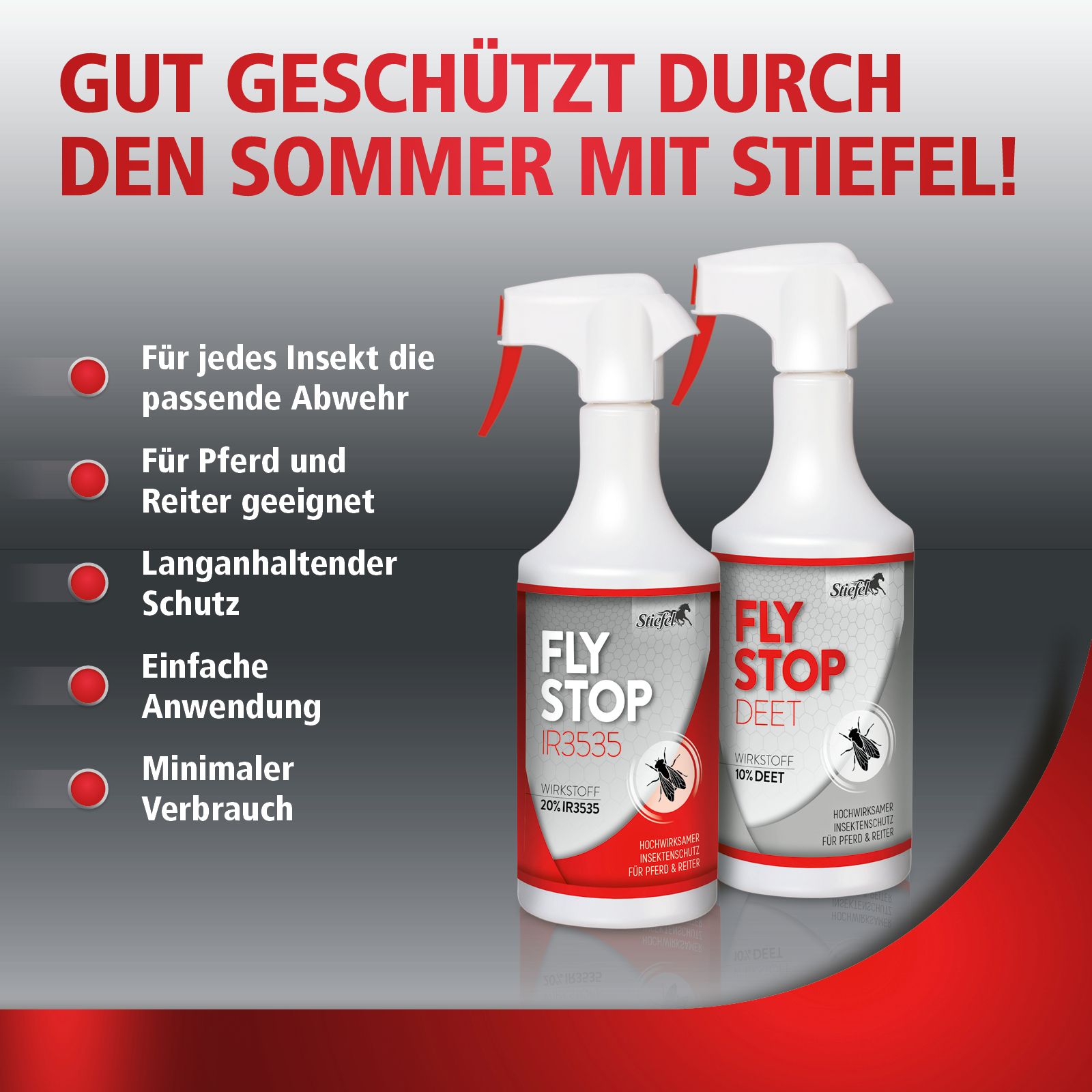 Zwei Flaschen Insektenschutzmittel FLY STOP DEET. Rote und weiße Sprühflaschen. Text: Für Pferde und Reiter geeignet.