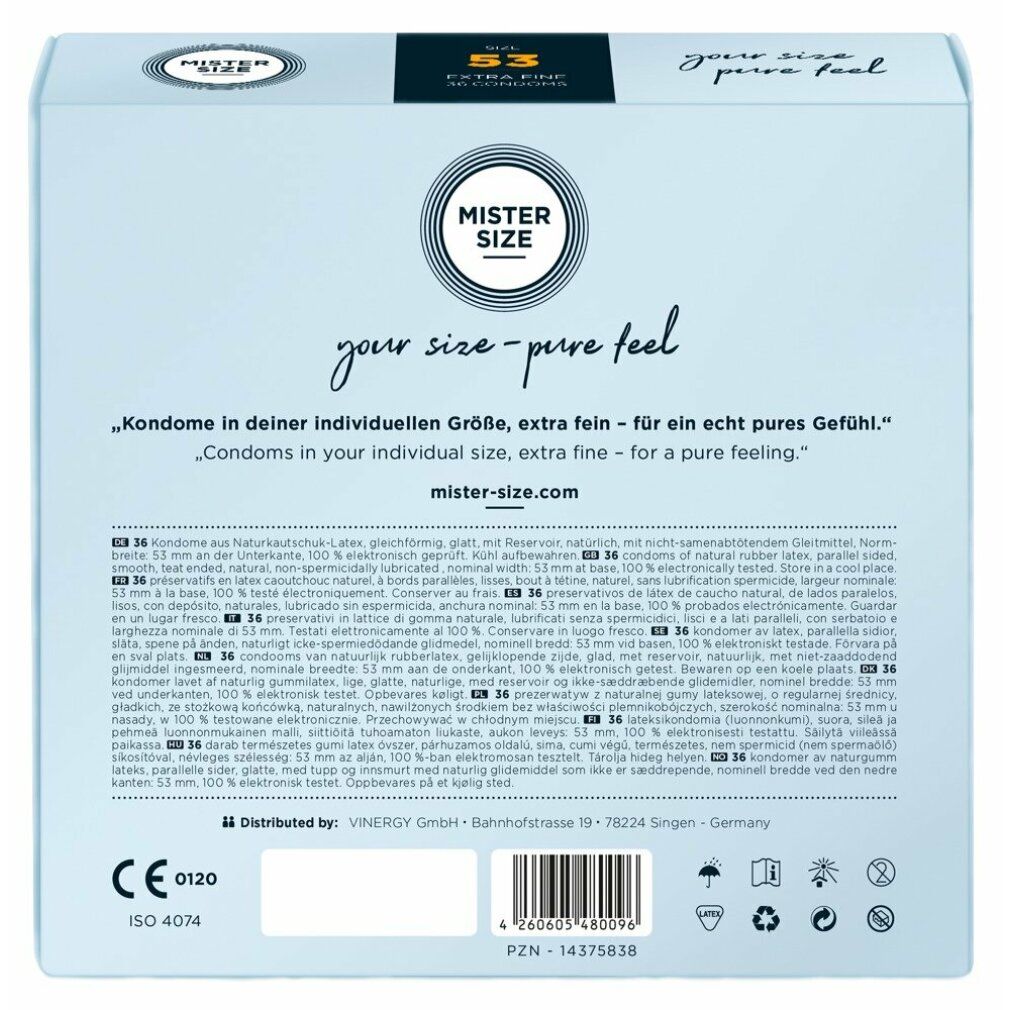 Weiße Schachtel mit MISTER SIZE Logo und Produktinformationen. Größe 53, extra fein, 36 Kondome. Schwarzer Streifen.