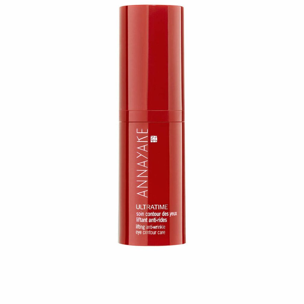 Rote, zylindrische Tube mit Produktnamen und Schriftzug. Text: Annayaké, Ultratime, soin contour des yeux, lifting anti-rides, eye contour care.