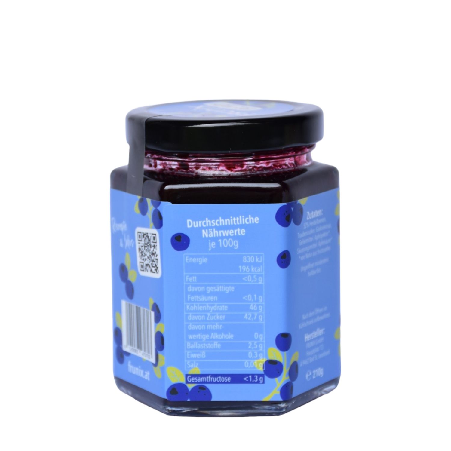 Glas mit Heidelbeer-Fruchtaufstrich. Blaues Etikett mit Zutaten und Nährwertangaben. Schwarzer Deckel. Aufschrift: FRUNIX, 210g.
