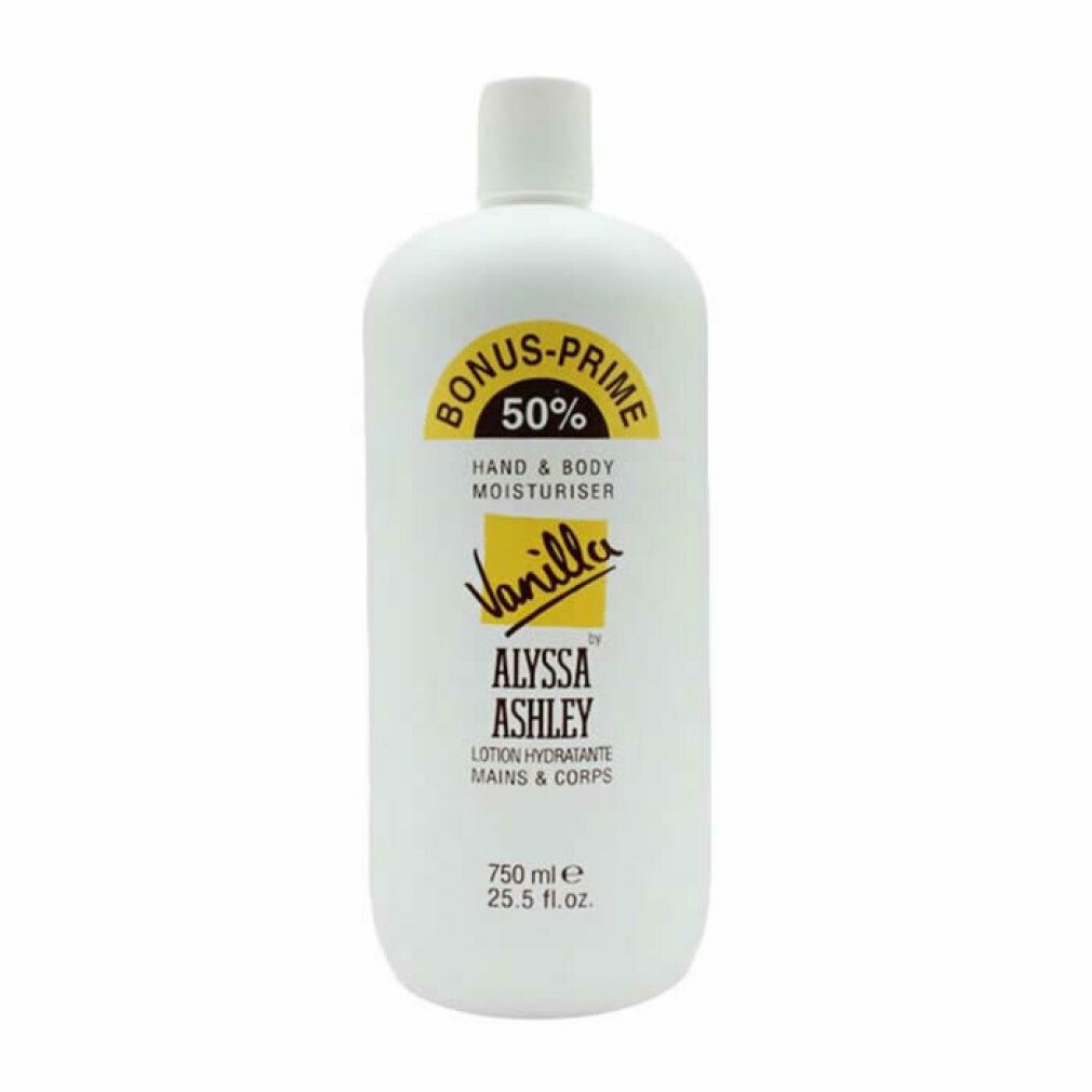 Weiße Flasche mit gelbem Etikett. Aufschrift: Alyssa Ashley Vanilla Hand & Body Moisturiser. 750 ml.