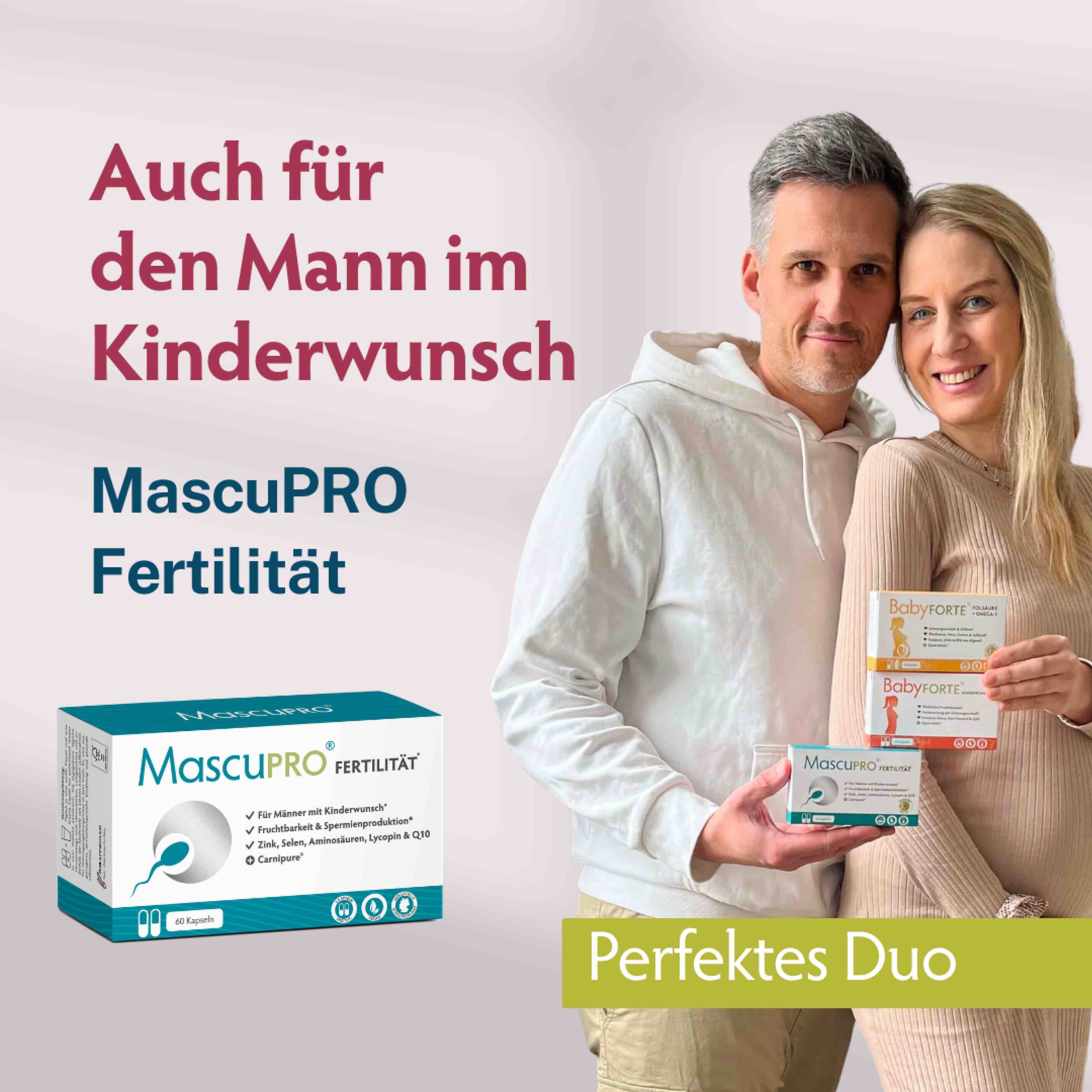 Paar mit BabyFORTE und MascuPRO. Perfektes Duo. MascuPRO Fertilität. Auch für den Mann im Kinderwunsch.