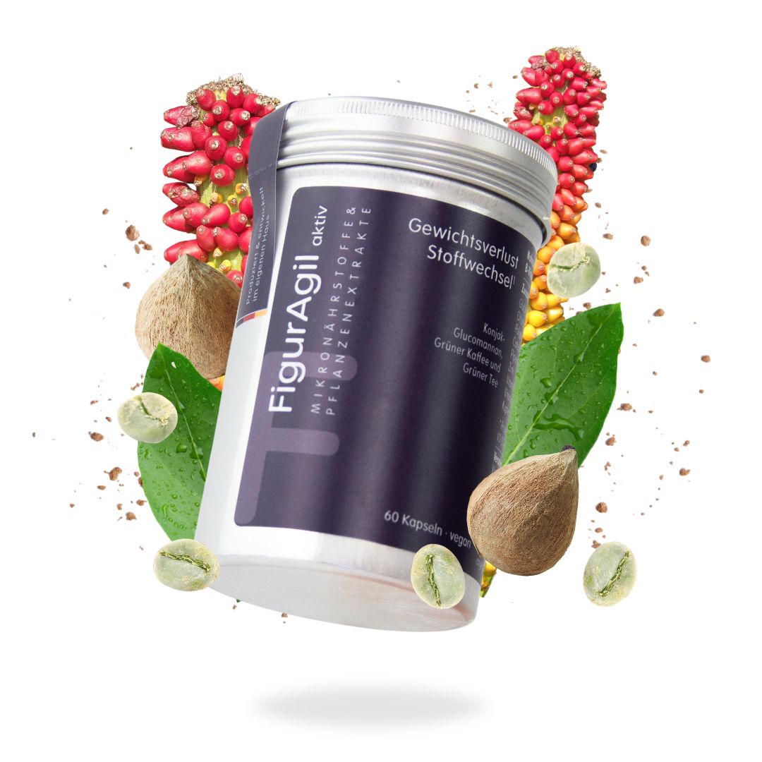 Dose FigurAgil aktiv mit Kapseln, grünen Kaffeebohnen und Blättern. Aufschrift: Mikronährstoffe & Pflanzenextrakte.