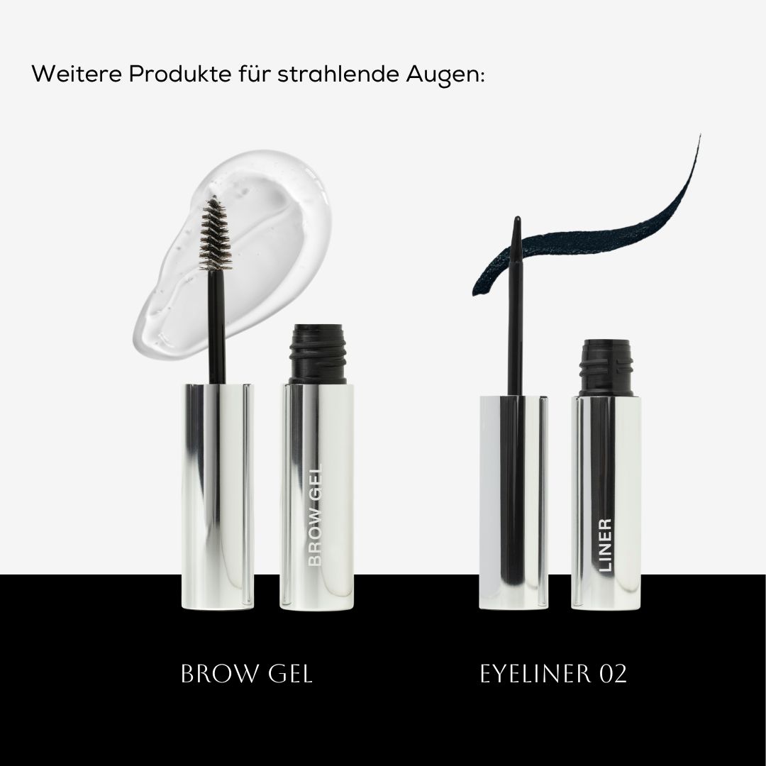 Zwei Kosmetikprodukte: ein Brauengel und ein Eyeliner. Beide in silbernen Behältern mit schwarzen Deckeln.