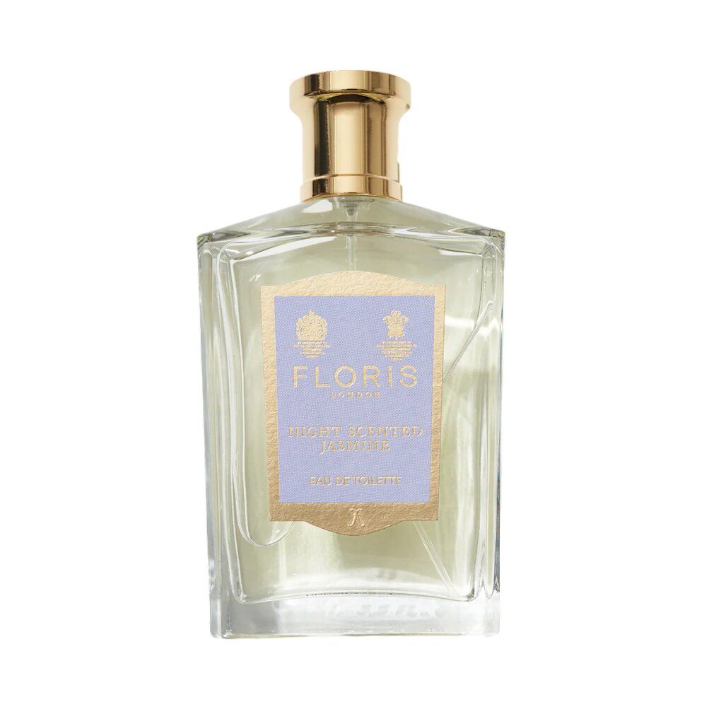 Floris Night Scented Jasmine Eau de Toilette Flakon auf weißem Hintergrund.