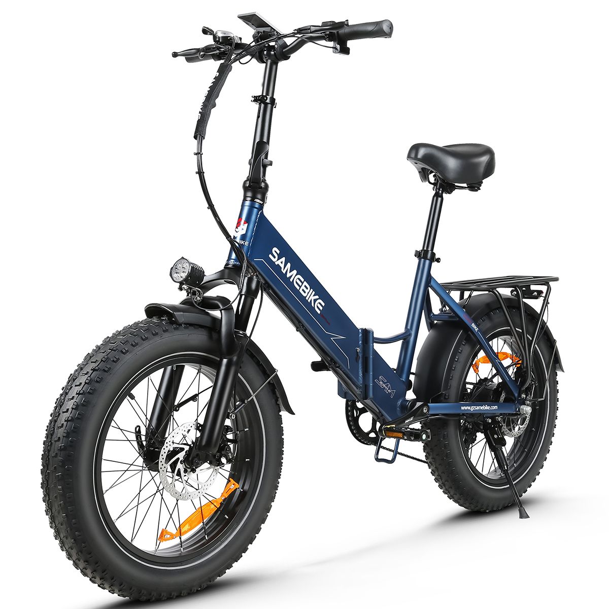 Blaues, zusammenklappbares E-Bike. Schwarze Reifen, Gepäckträger, Sattel. Marke SAMEBIKE.