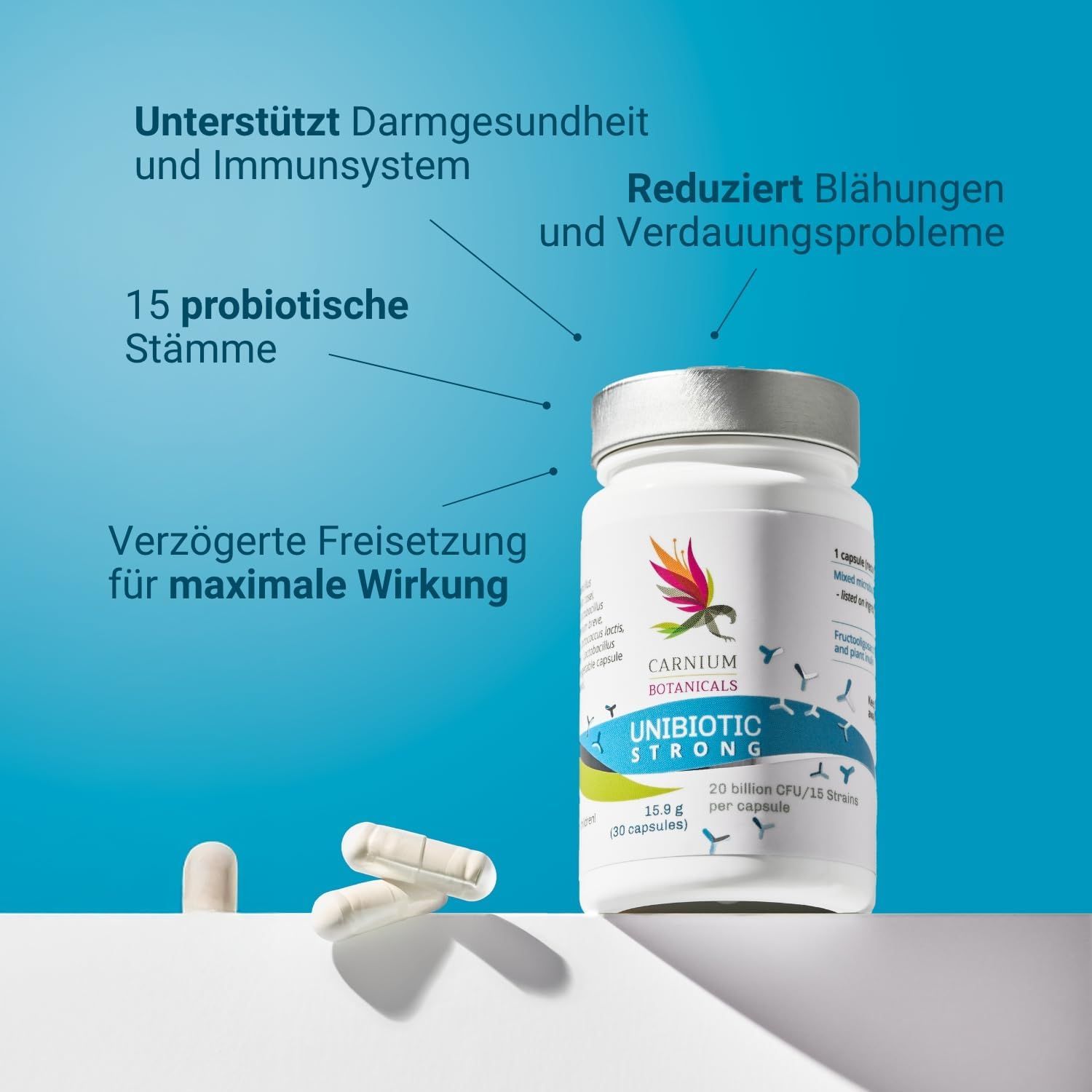 Weiße Kapseln neben Flasche. Aufschrift: Unibiotic STRONG, 20 Milliarden CFU/15 Stämme. Marke: CARNIUM BOTANICALS. Text über Vorteile.