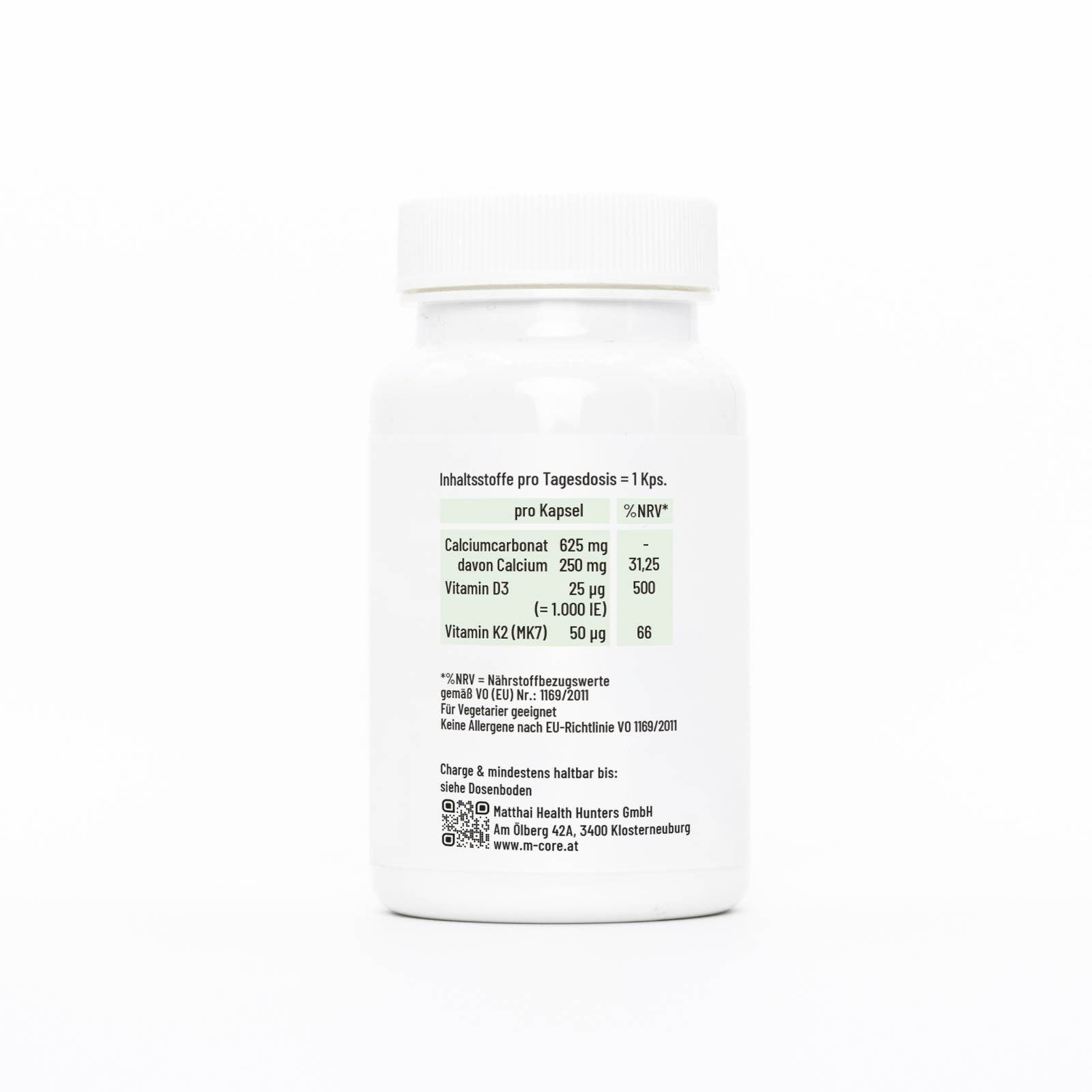 Rückseite der weißen Flasche. Auflistung der Inhaltsstoffe pro Kapsel. Enthält Calciumcarbonat, Vitamin D3, Vitamin K2.