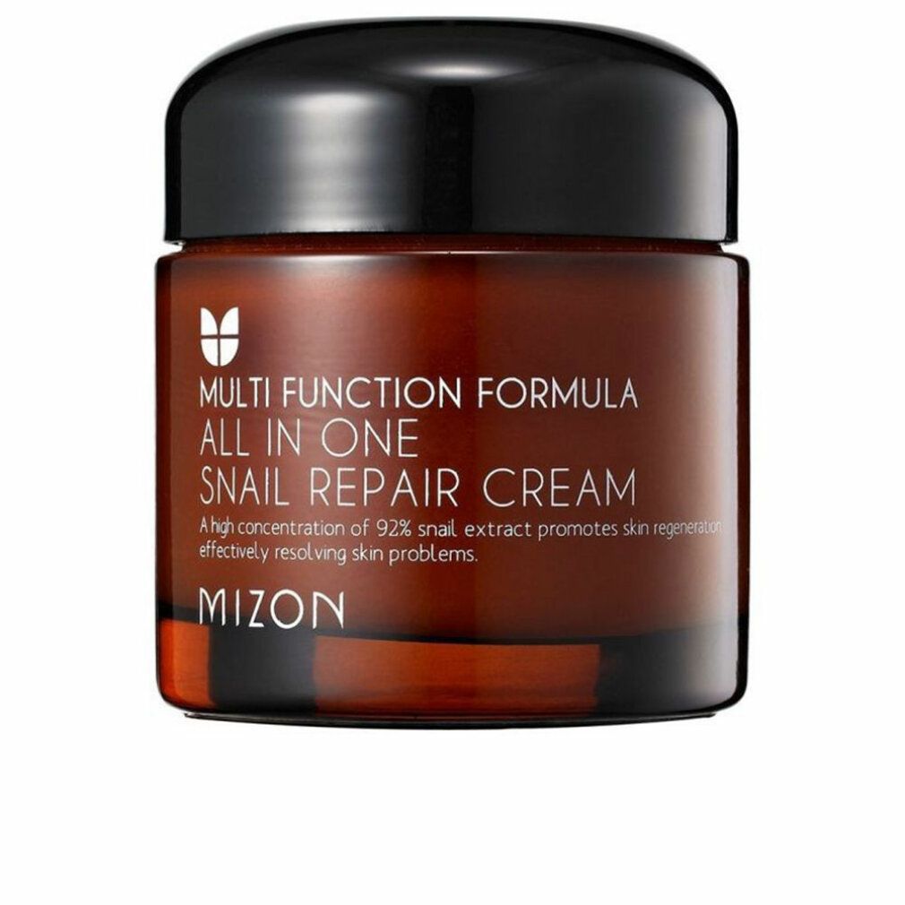 Braune Creme-Dose mit schwarzem Deckel. Aufschrift: Multi Function Formula All In One Snail Repair Cream. Marke: MIZON.