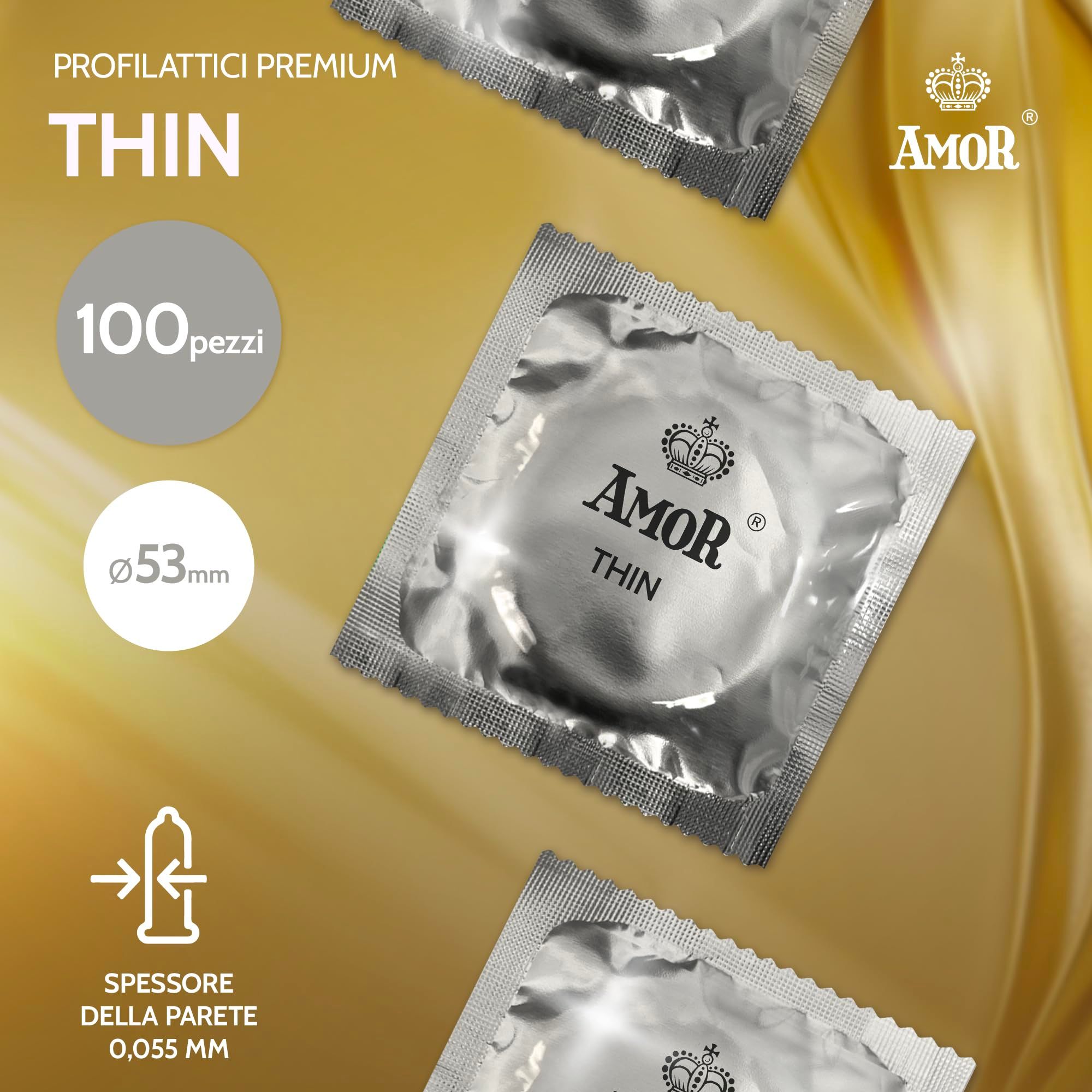 Amor Thin Kondome, 100 Stück, 53mm Durchmesser, 0,055mm Wandstärke.