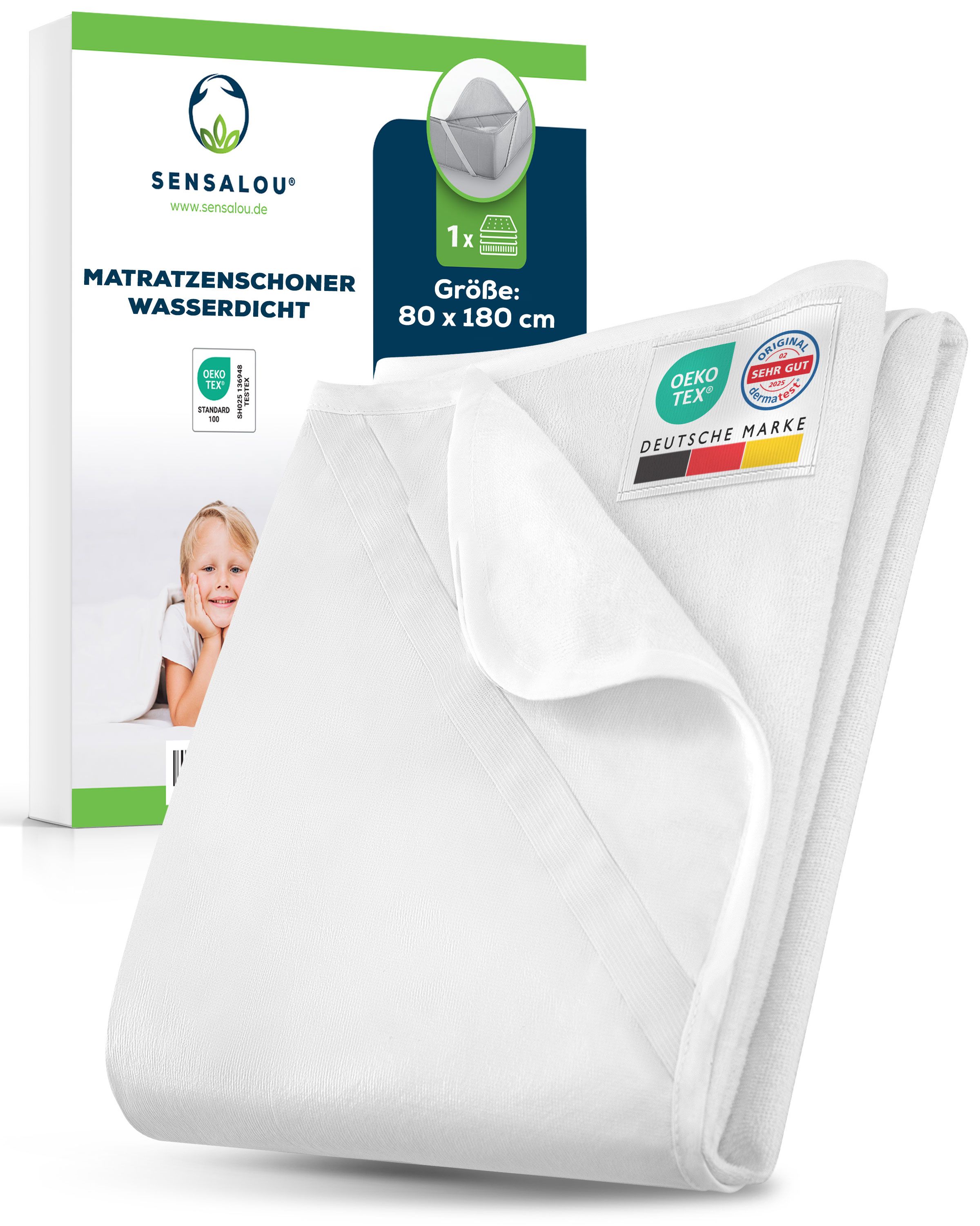 Matratzenschoner, weiß, 80x180cm. Verpackung mit Produktabbildung, Größenangabe, und Logos. Oeko-Tex-Zertifizierung.