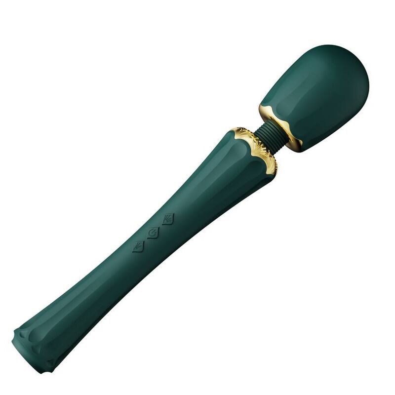 Dunkelgrüner Stabvibrator. Goldfarbene Akzente. Geformte Oberfläche. Drei Knöpfe. Zalo-Logo.
