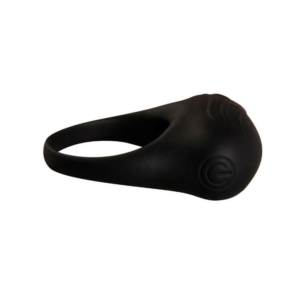 Schwarzer Penisring mit Klitorisstimulation. Ringförmig mit erhabenen Details und Power-Symbol.