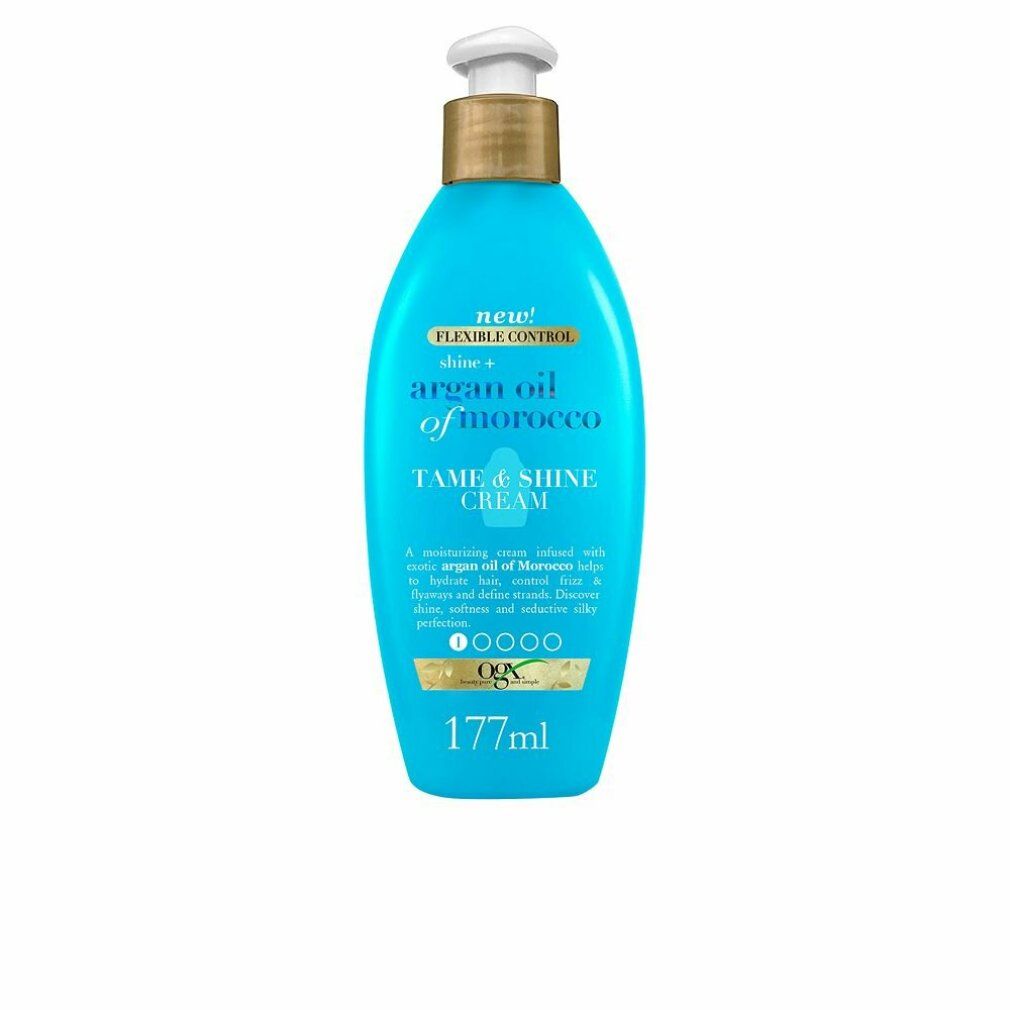 Türkisblaue Flasche mit Dosierpumpe. Aufschrift: Argan Oil of Morocco Tame & Shine Cream. 177ml.