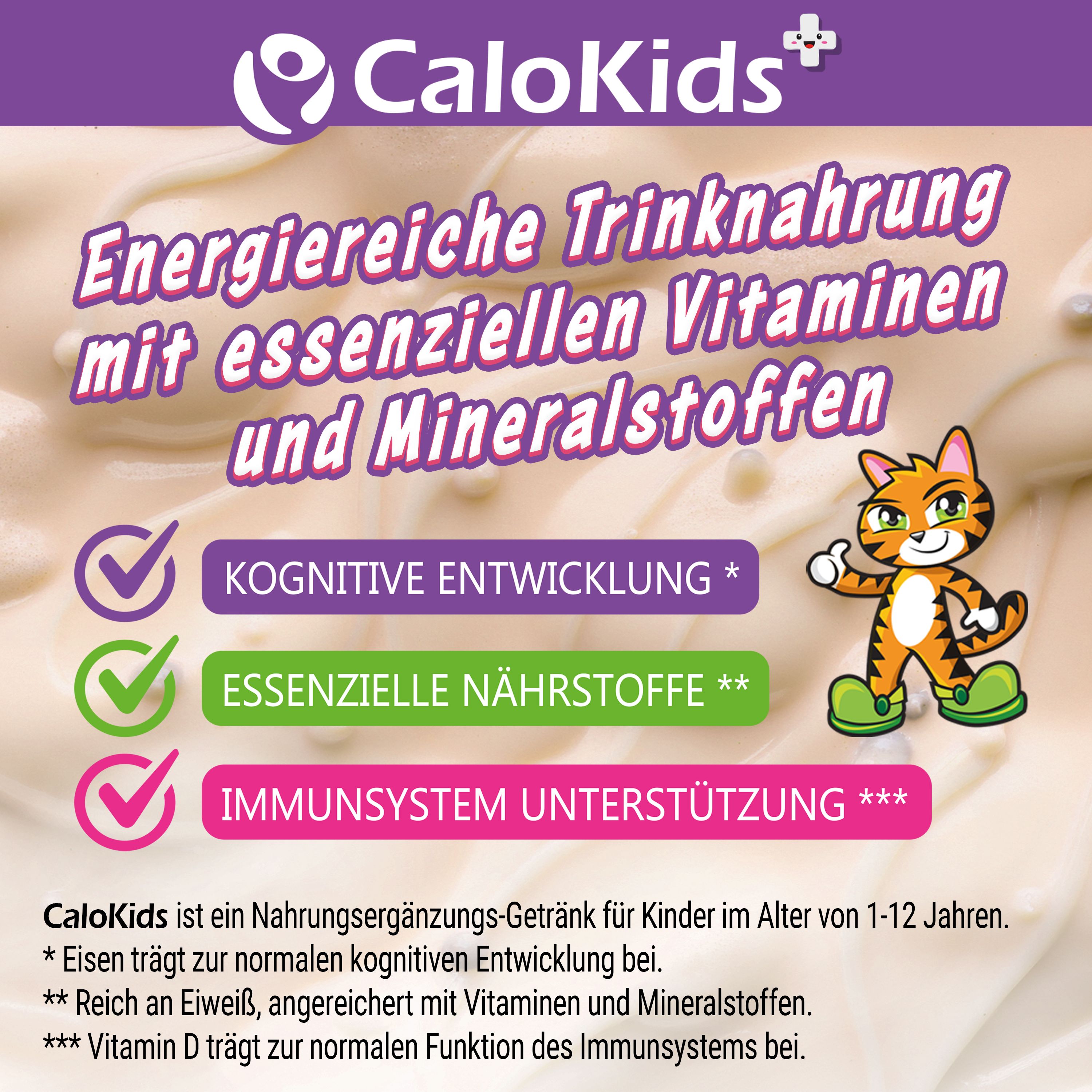 CaloKids. Text: Energiereiche Trinknahrung mit Vitaminen und Mineralstoffen. Kognitive Entwicklung, essenzielle Nährstoffe, Immunsystem-Unterstützung. Katze.