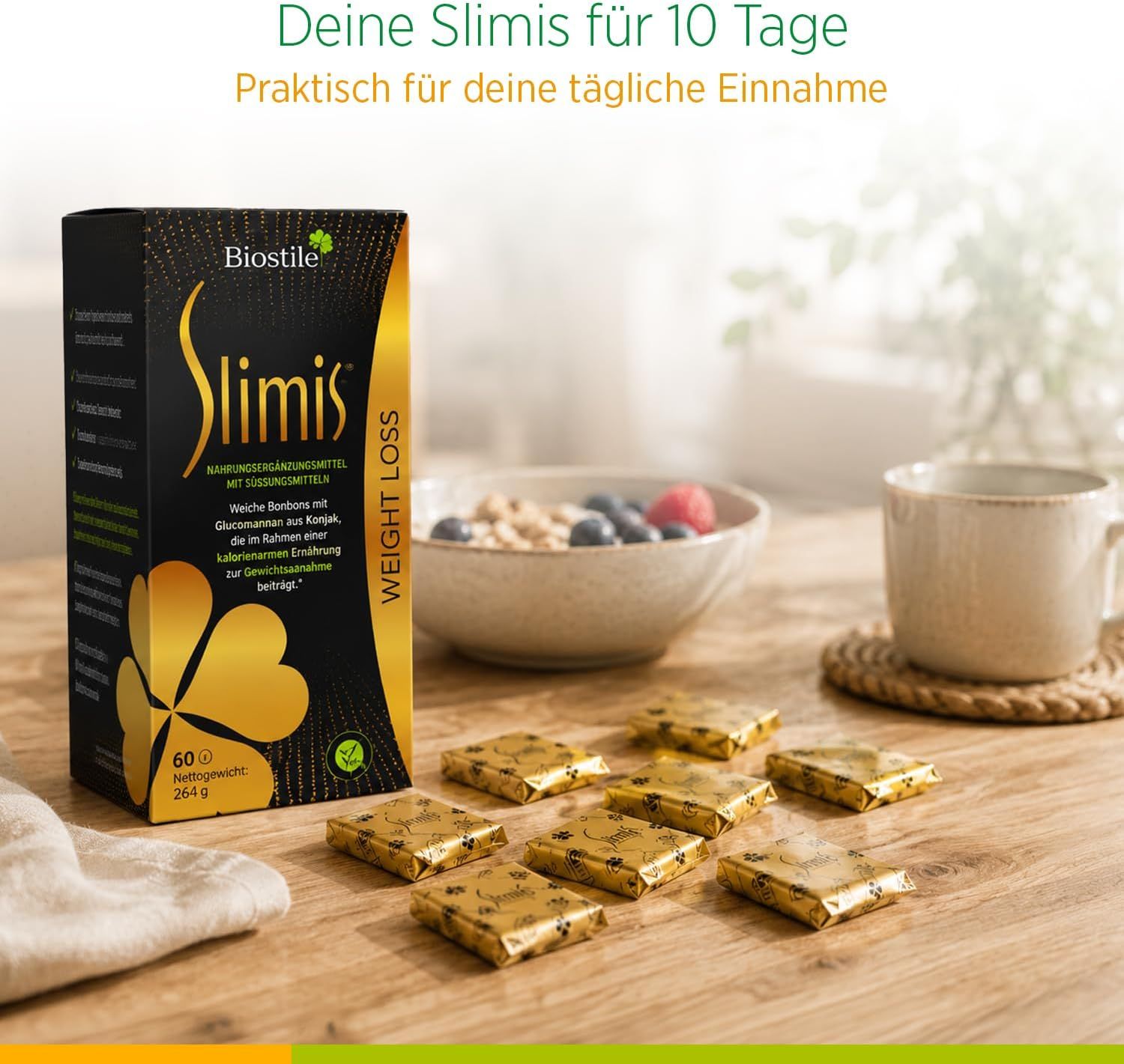 Biostile Slimis Verpackung, 10 Tage Vorrat, Frühstück im Hintergrund.