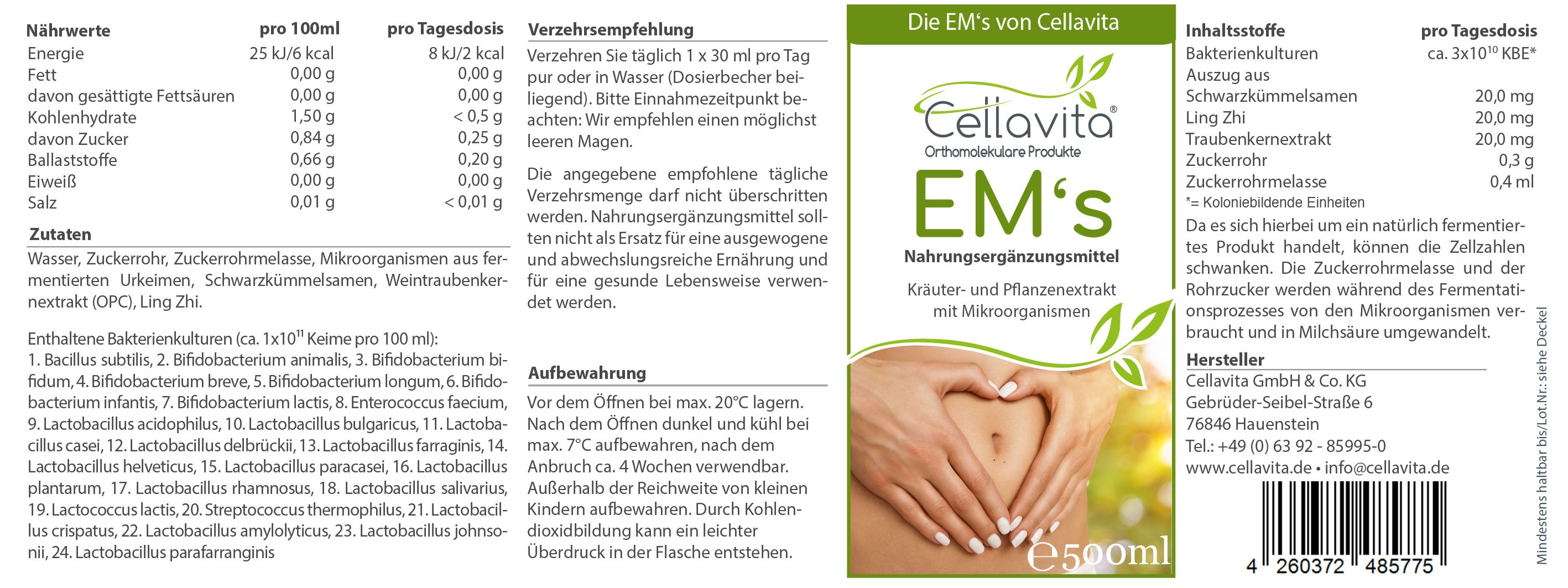 Cellavita EM's Nahrungsergänzungsmittel, 500ml Flasche mit Bauch-Symbol.