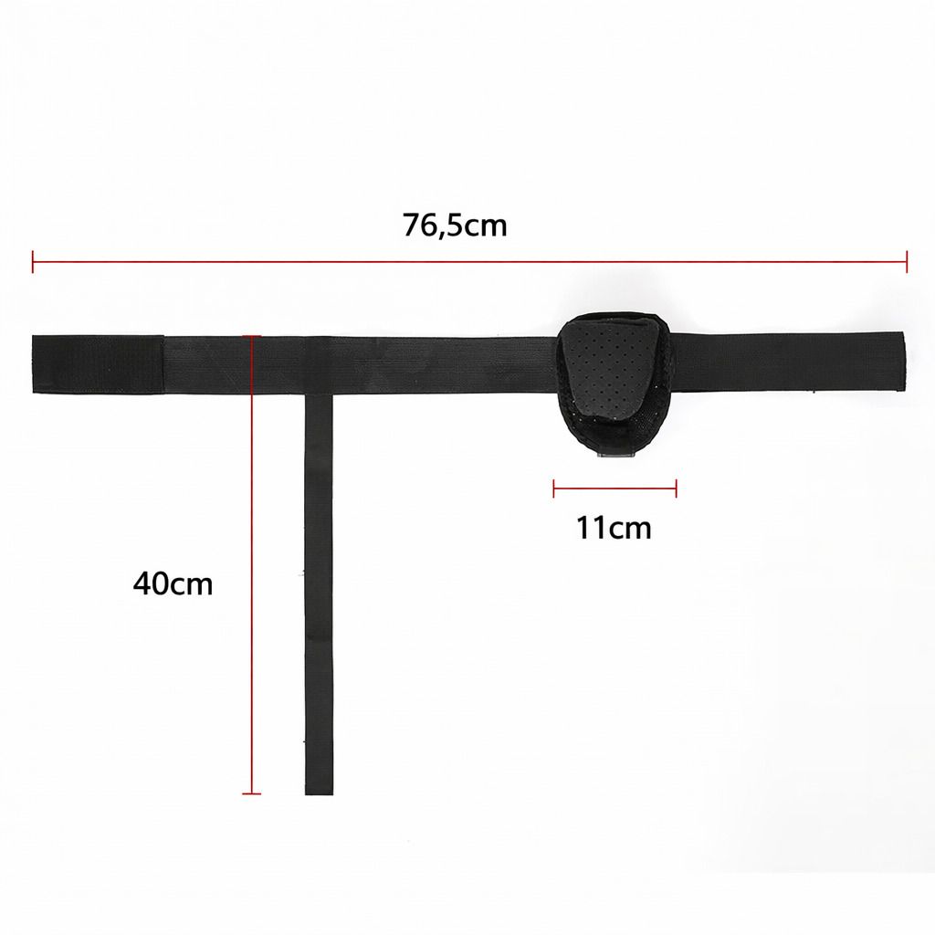 Abbildung des Leistenstützgürtels mit Maßangaben. Gesamtlänge 76,5 cm, Schrittriemen 40 cm, Schutzeinlage 11 cm.
