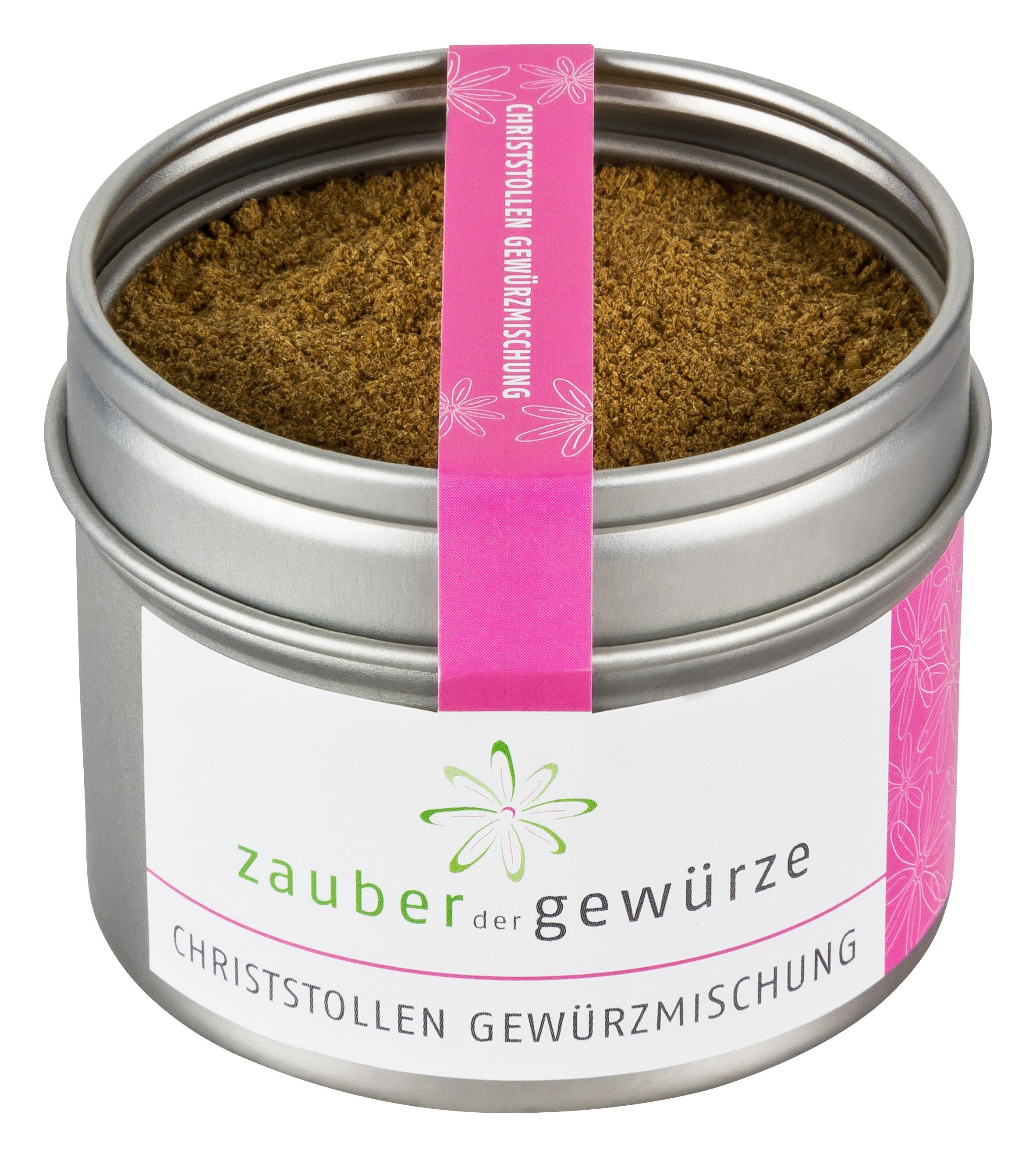 Metallbehälter mit Gewürzmischung. Rosa Etikett mit Schriftzug: Zauber der Gewürze Christstollen Gewürzmischung.