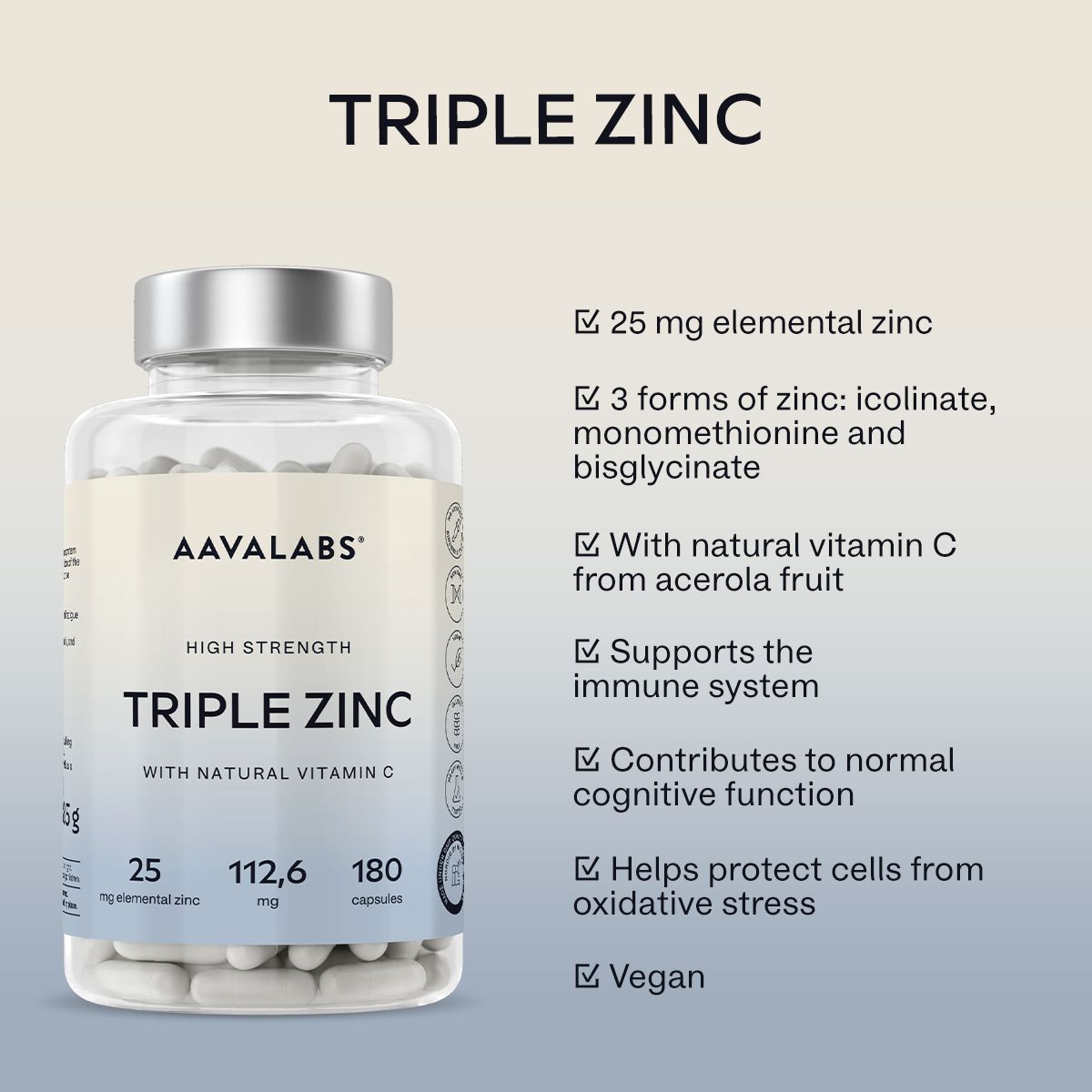 Aavalabs Triple Zinc Kapseln: 25mg Zink, 3 Zinkformen, Vitamin C.