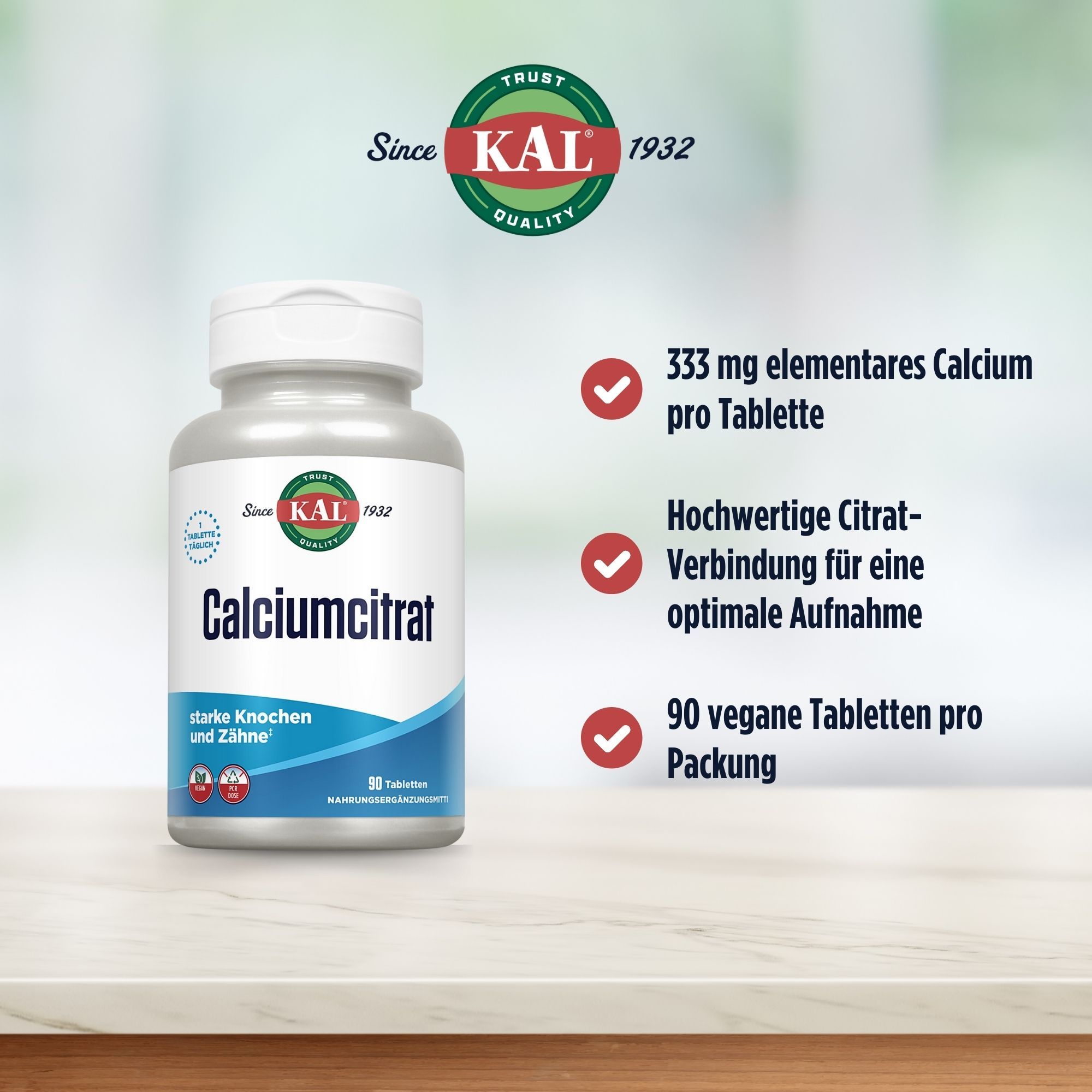 Flasche mit 90 veganen Calciumcitrat-Tabletten. Enthält 333 mg elementares Calcium pro Tablette.