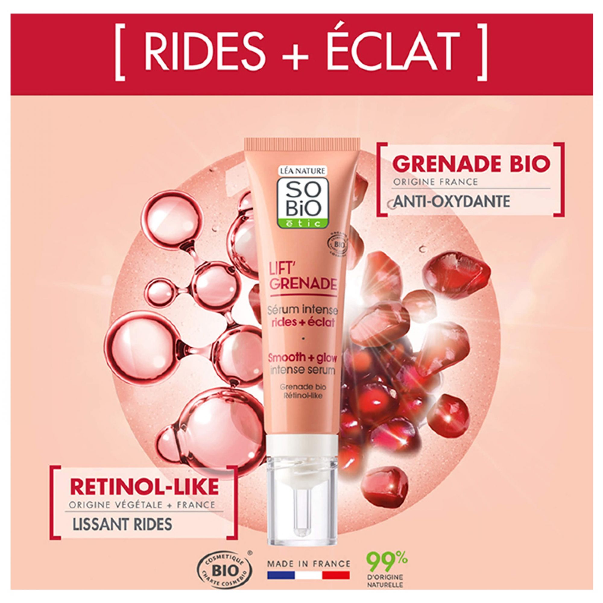 Eine rosafarbene Tube mit einem Pumpspender, daneben Granatäpfel und Bläschen. "Rides + éclat" und "Lift' Grenade" sind auf der Tube zu lesen.
