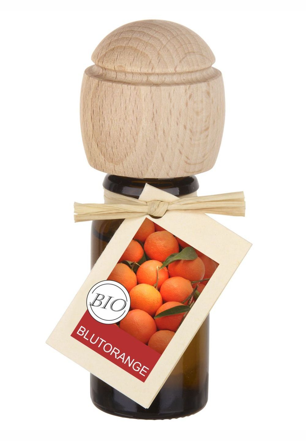 Braune Glasflasche mit Holzverschluss und Anhänger. Anhänger mit Blutorangen-Abbildung und BIO-Siegel.
