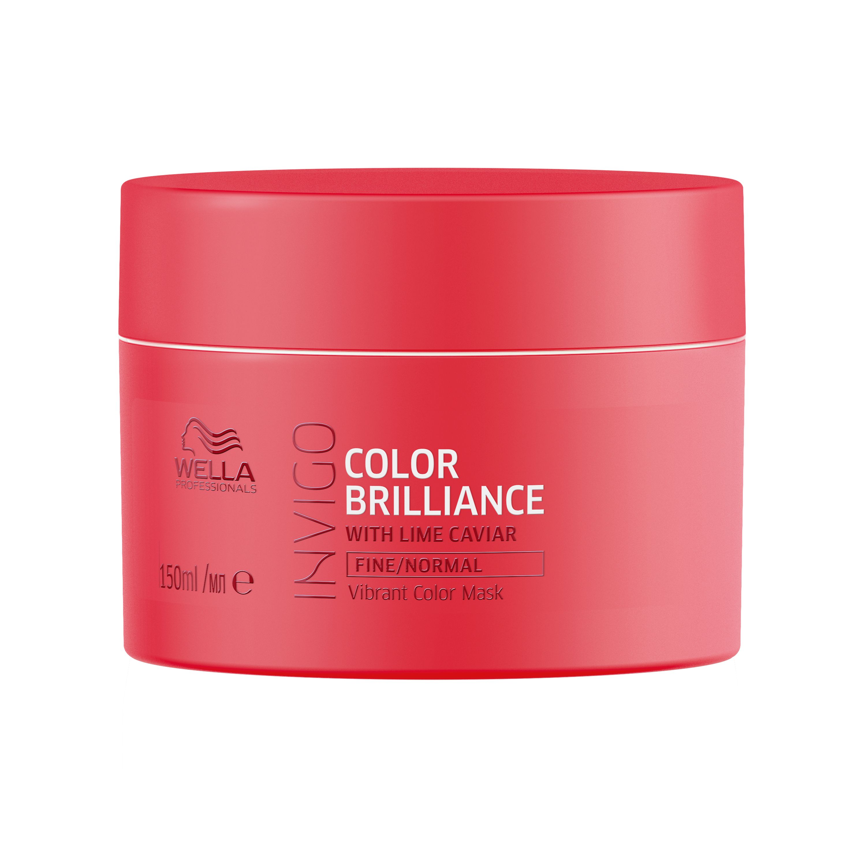 Rote Dose mit weißer Schrift: Wella Invigo Color Brilliance Mask Fine/Normal. 150ml. Mit Limettenkaviar.