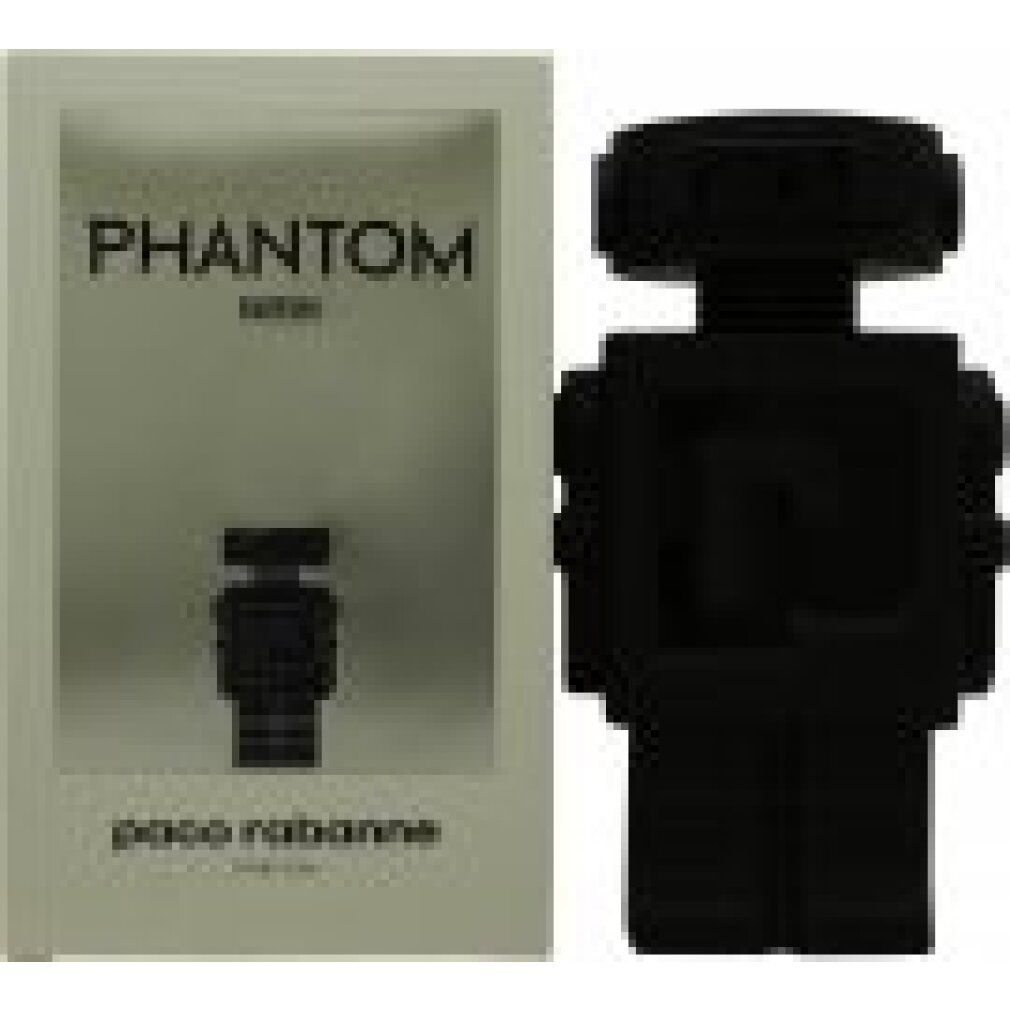 Verpackung und schwarze Roboter-Parfümflasche. Verpackung mit PHANTOM, Roboter-Abbildung und paco rabanne.