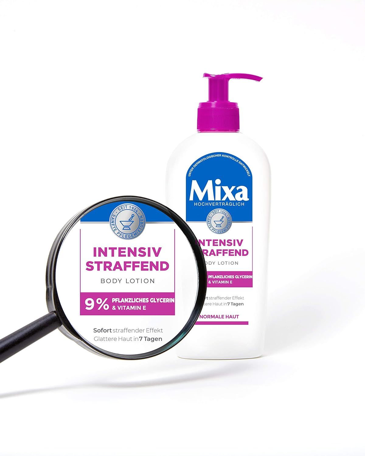 Mixa Intensiv Straffend Body Lotion Flasche mit Lupe. Vergrößerte Ansicht der Produktinformationen.
